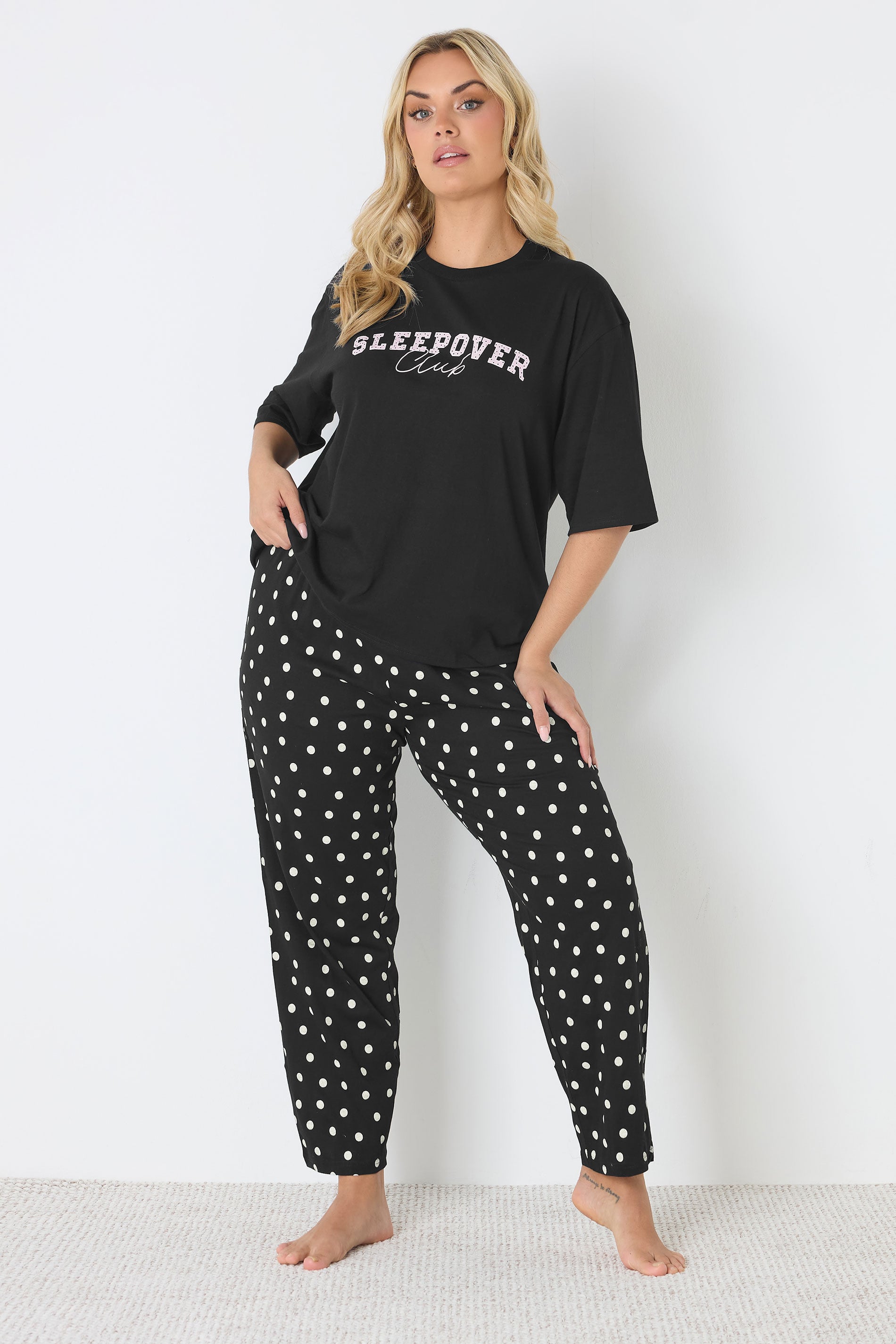 YOURS Plus Size Black Polka Dot Wide Leg Pyjama Bottoms | Yours Clothing 3