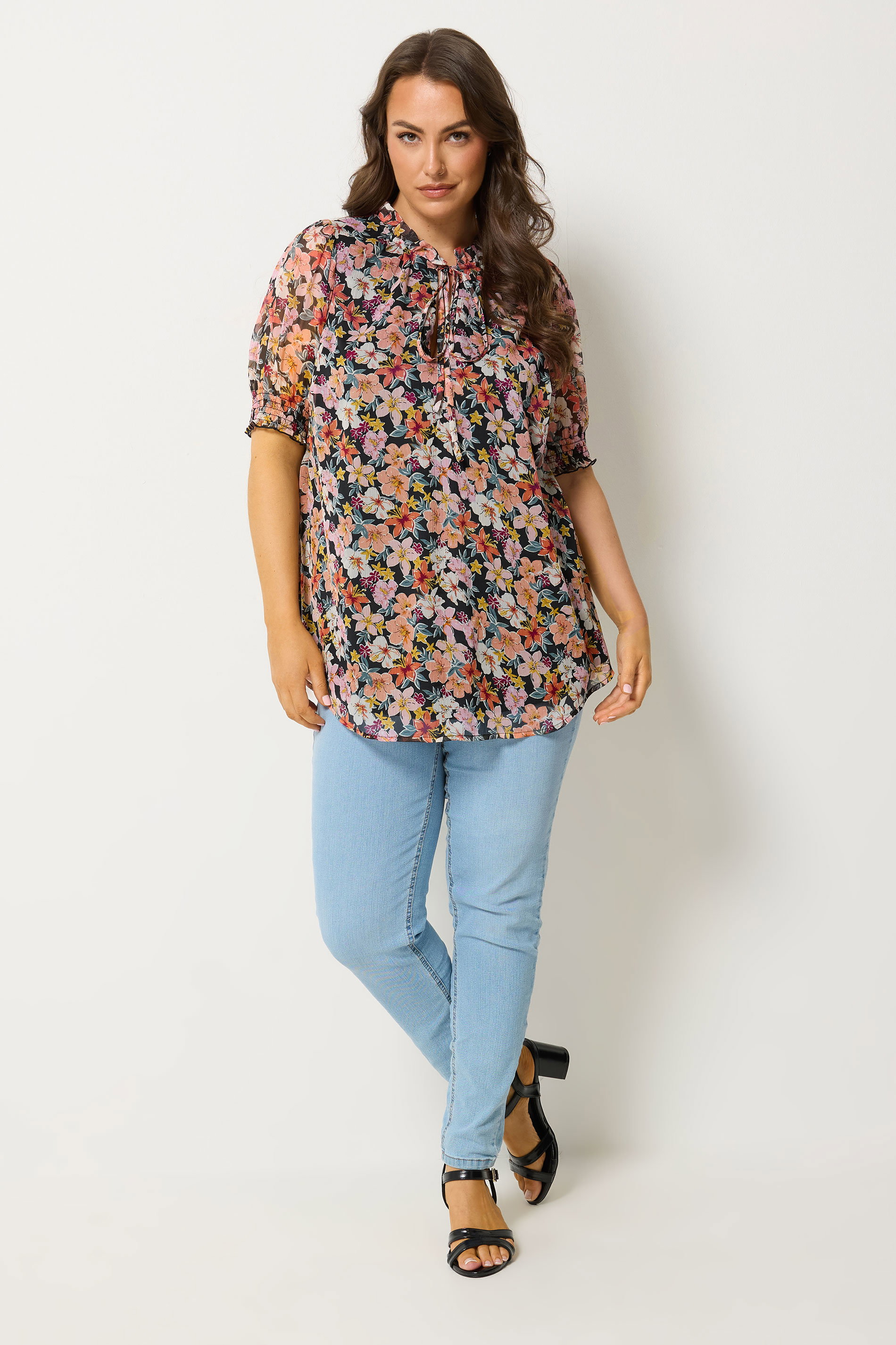 Yours Plus Size Pink Floral Print Frill Neck Blouse | Yours Clothing 1