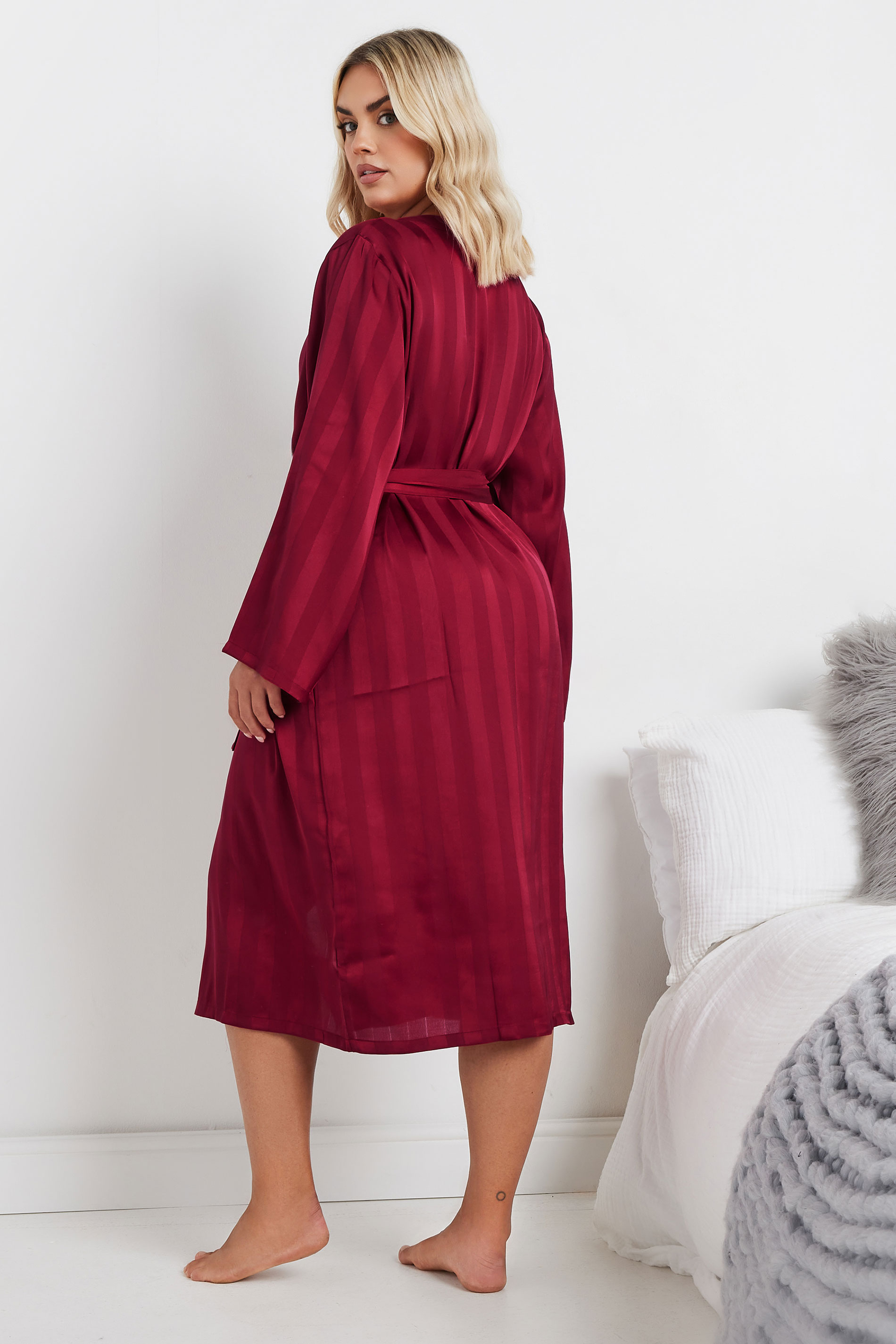 Red Striped Robe YOURS Plus Size Red Stripe Jacquard Satin Robe | Yours Clothing