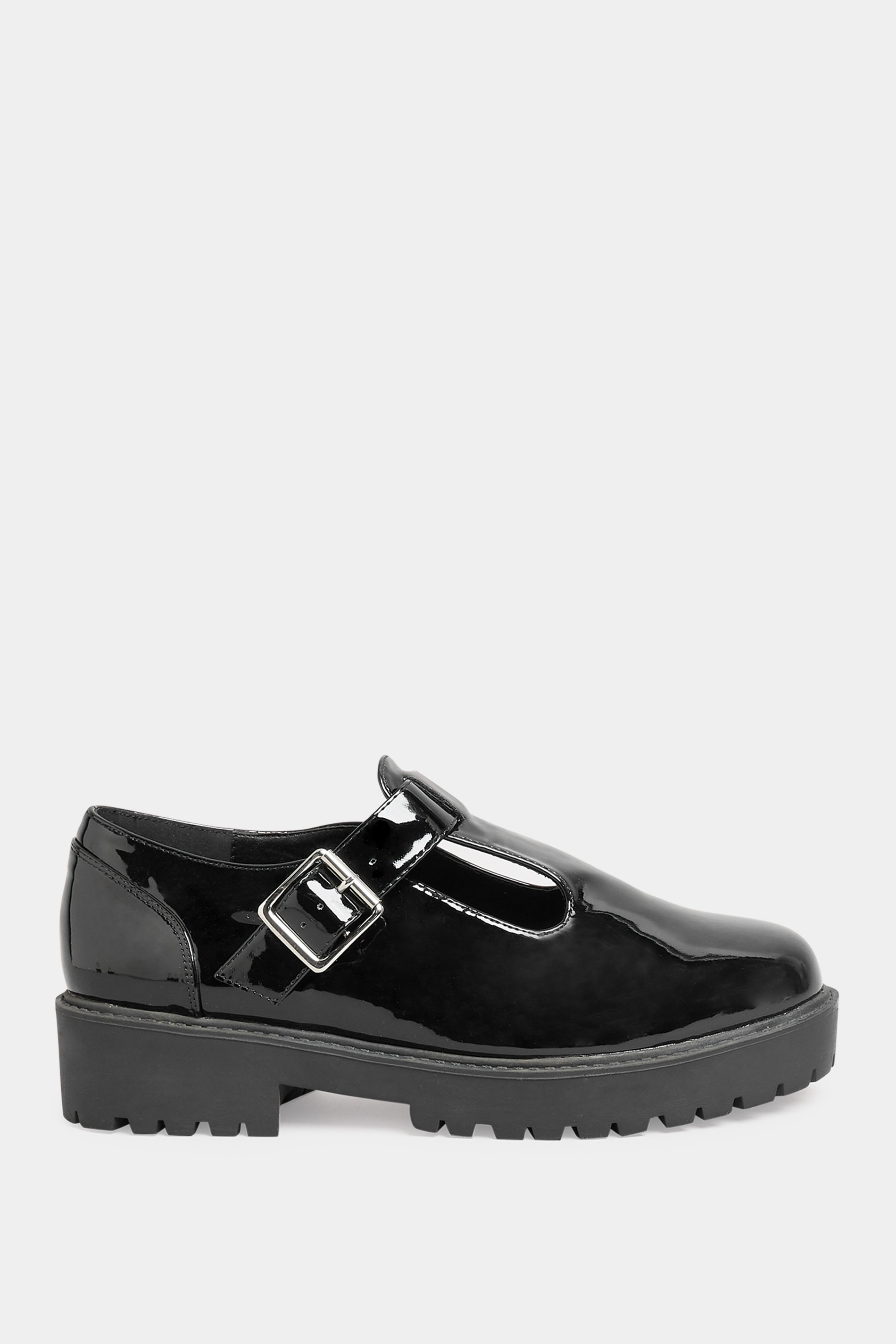 Black Patent Chunky T Bar Mary Jane Shoes In Extra Wide EEE Fit | Yours Clothing 3