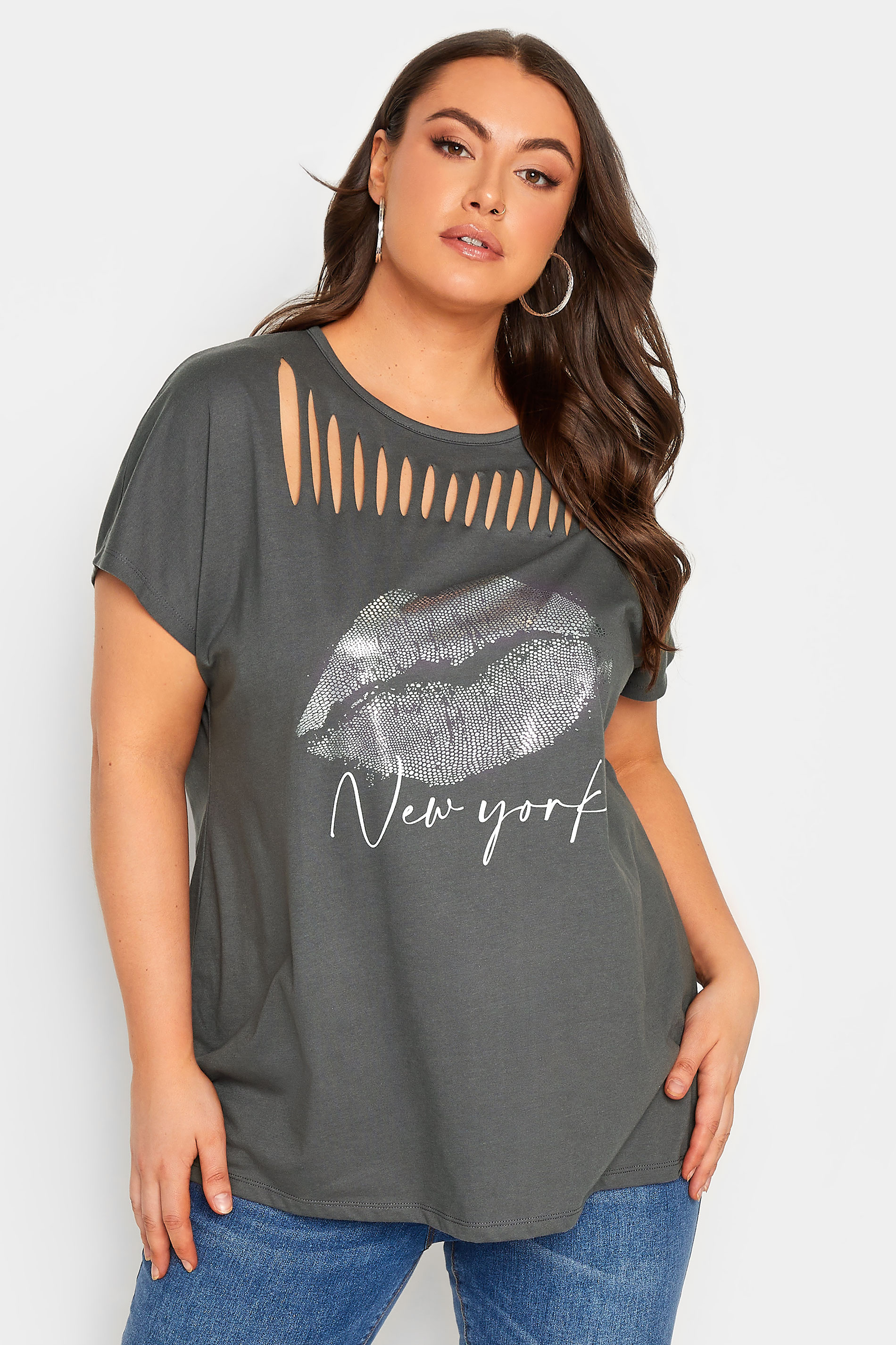 YOURS Curve Plus Size Charcoal Grey Lips Foil Print T-Shirt | Yours Clothing  1