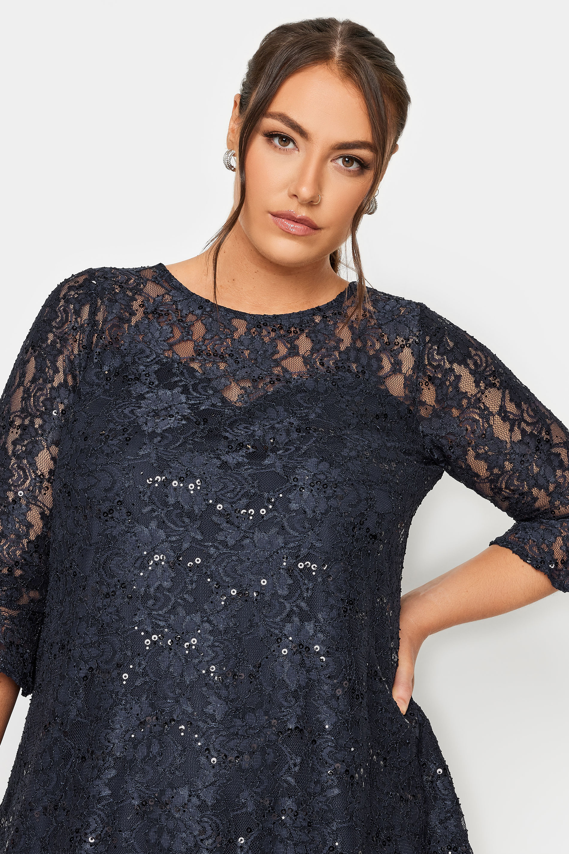 YOURS Plus Size Dark Blue Lace Sequin Embellished Swing Top | Yours ...