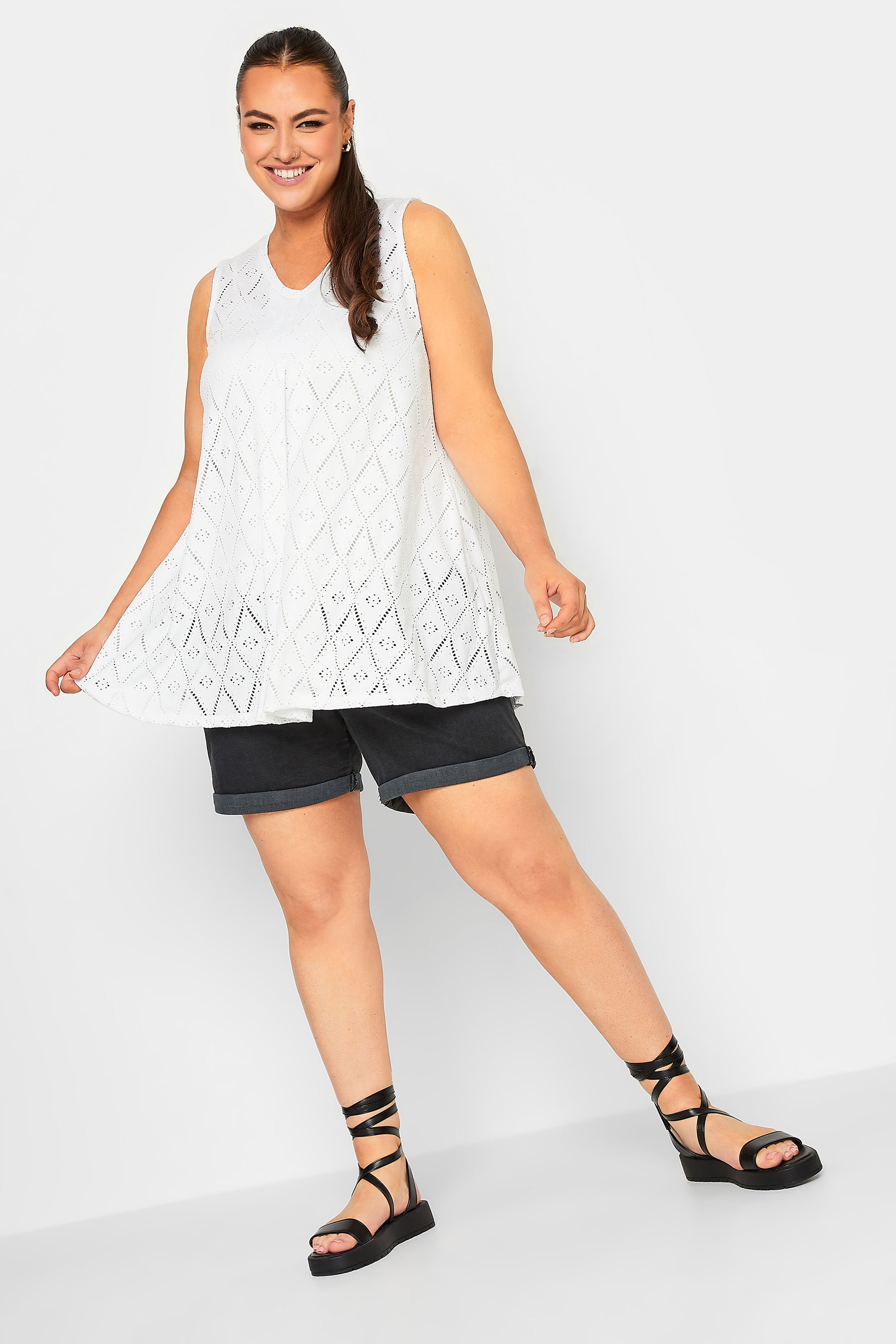 YOURS Plus Size White Broderie Anglaise Pleated Vest Top | Yours Clothing 3