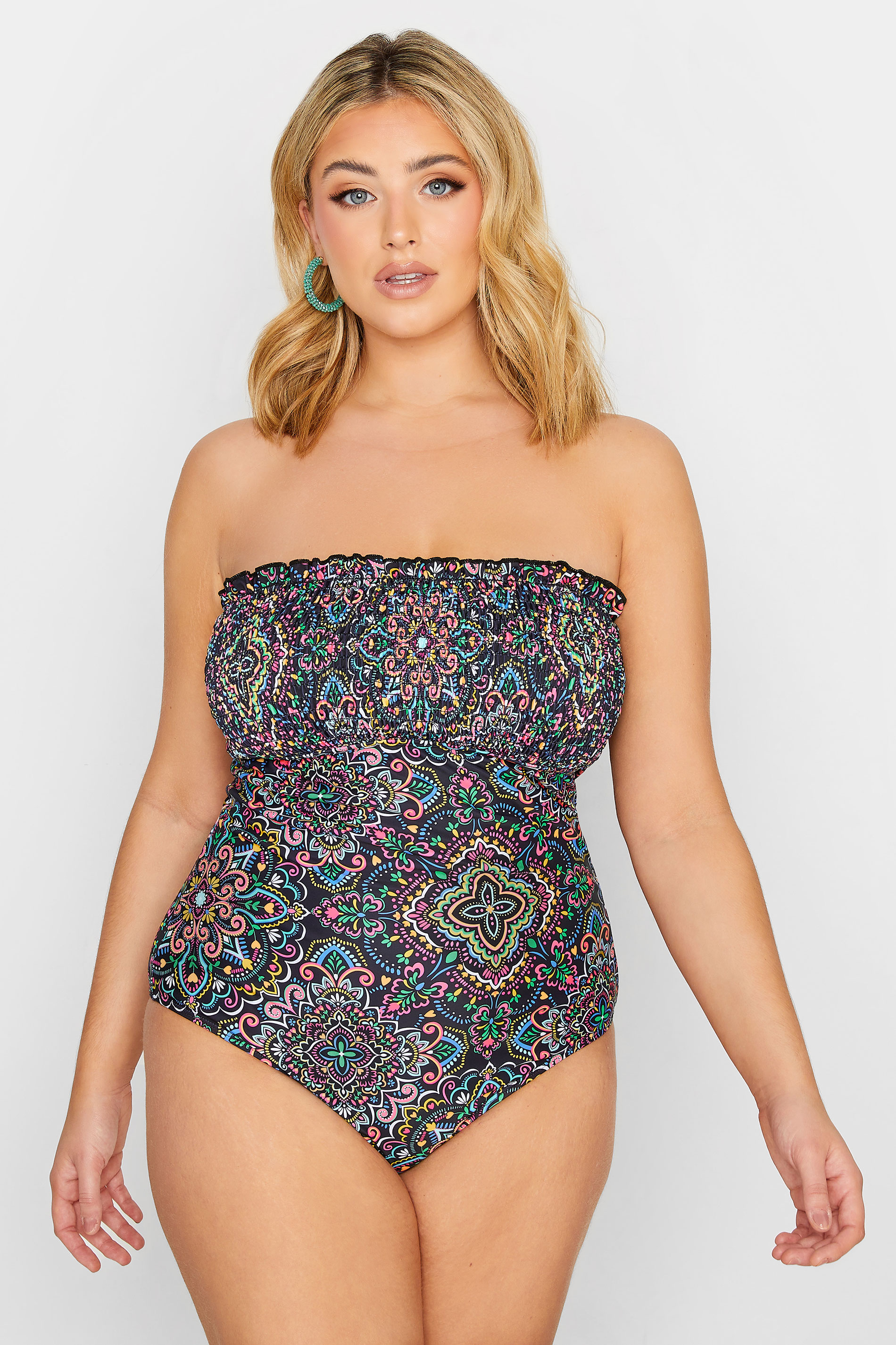 YOURS Plus Size Curve Black Aztec Print Shirred Tummy Control Swimsuit | Yours Clothing  2