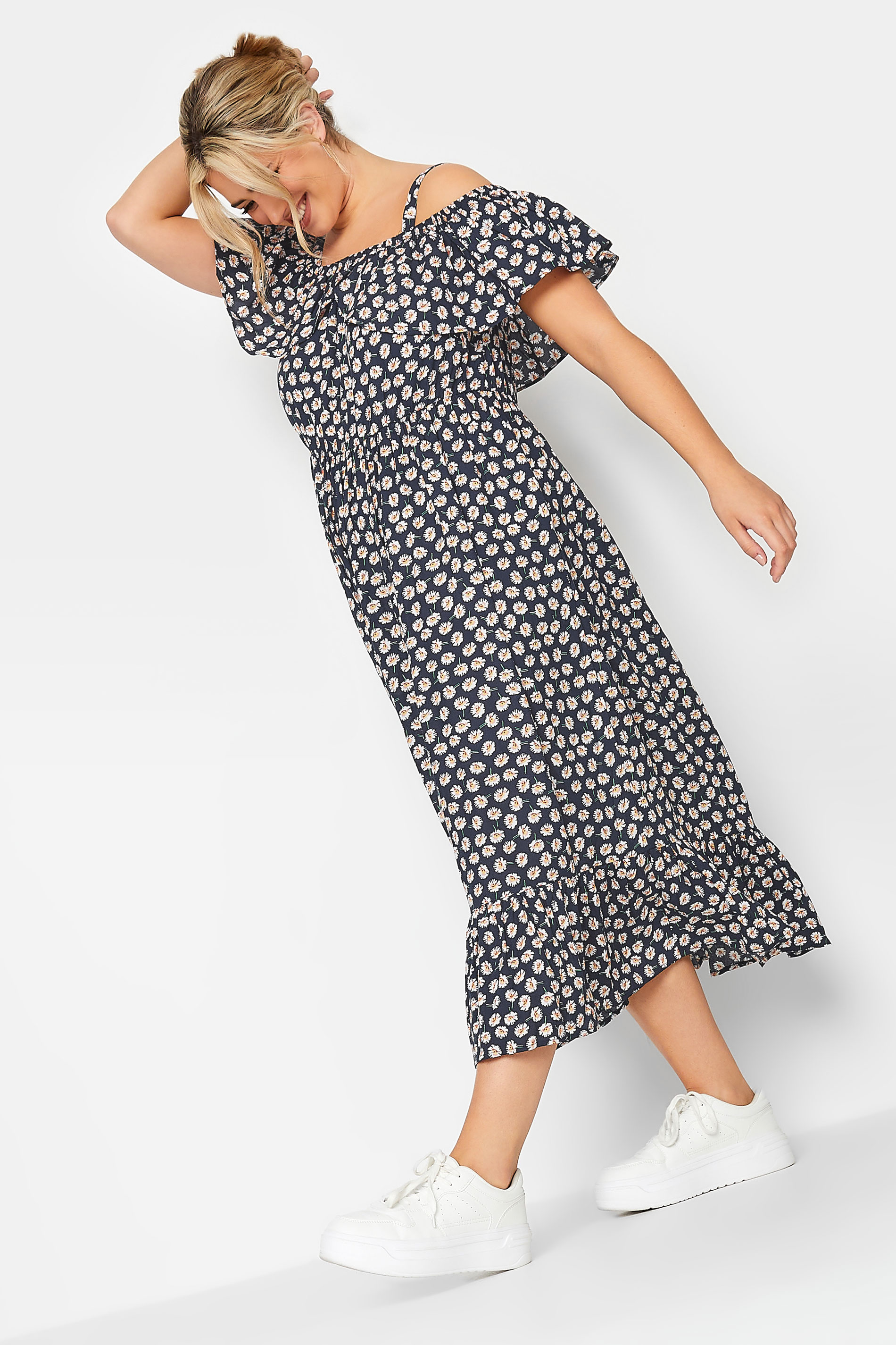 LIMITED COLLECTION Curve Navy Blue Daisy Print Cold Shoulder Dress | Yours Clothing  2