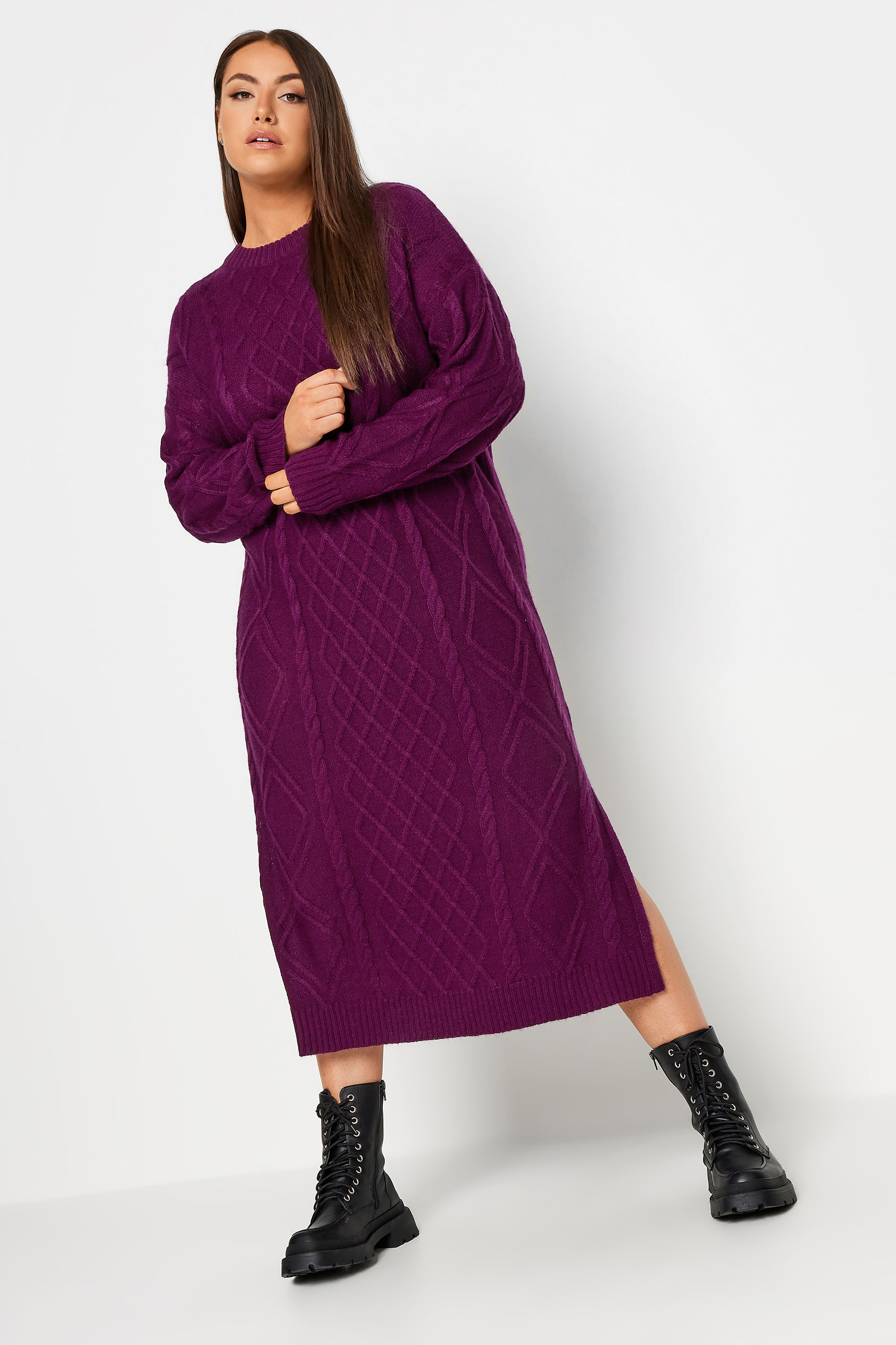 YOURS Plus Size Purple Cable Knit Midi Jumper Dress | Yours Clothing 2