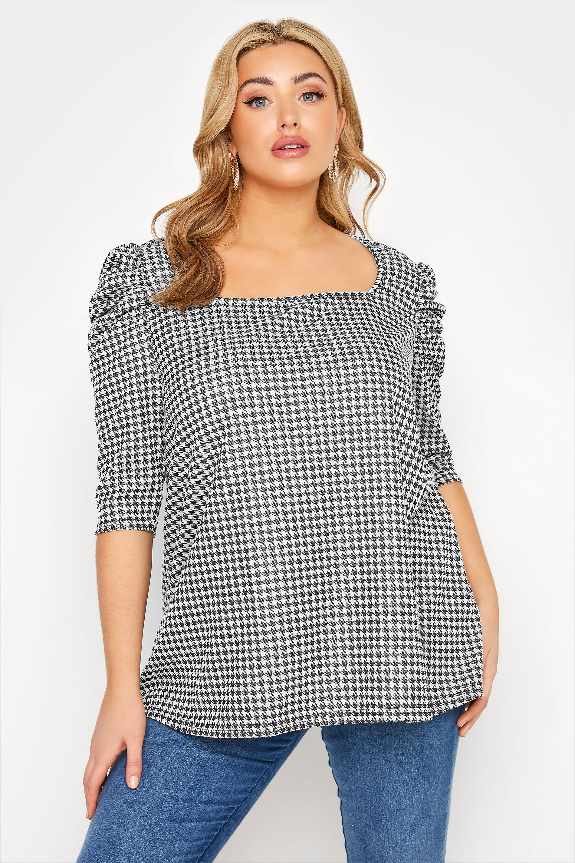LIMITED COLLECTION Plus Size Black Dogtooth Check Puff Sleeve Top | Yours Clothing 1