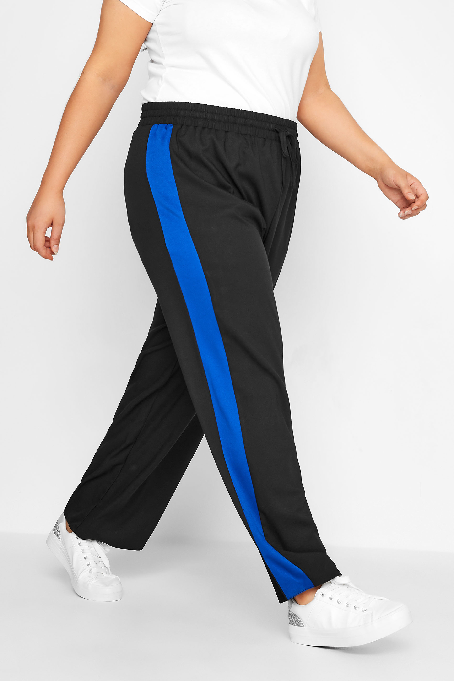 Plus Size Black & Blue Contrast Stripe Wide Leg Trousers | Yours Clothing 1