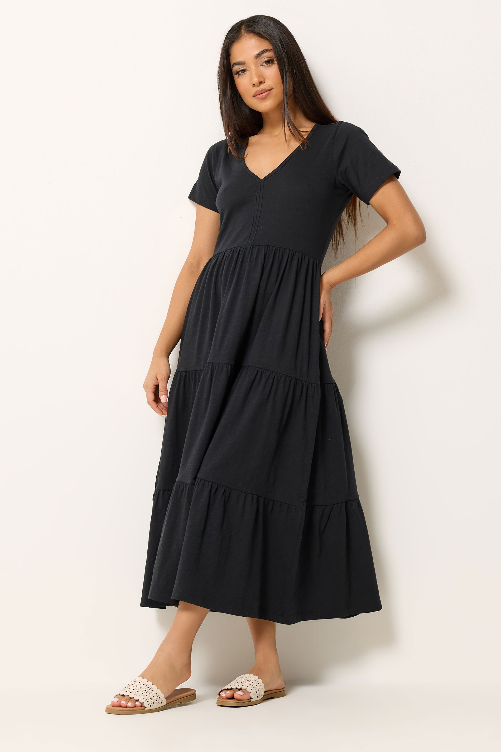 M&Co Petite Black Notch Neck Tiered Cotton Maxi Dress | M&Co 3