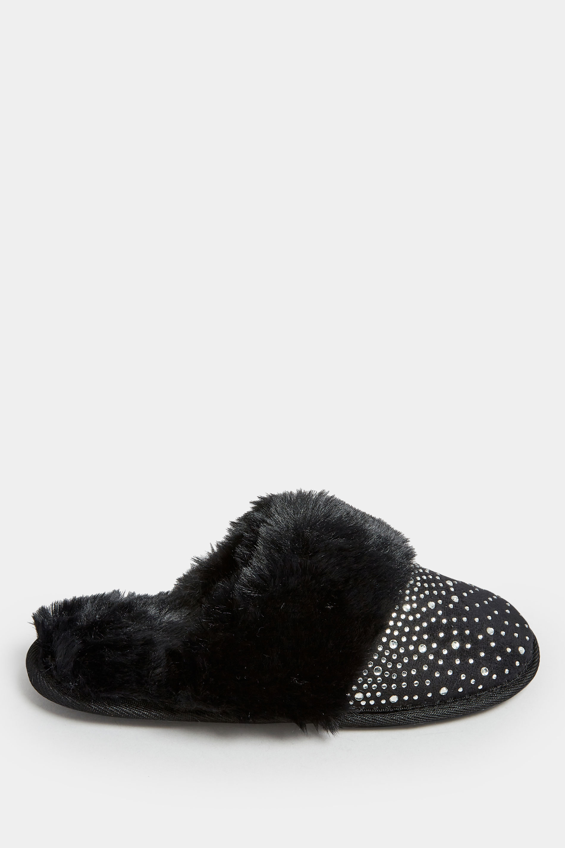 Black Diamante Faux Fur Slippers In Wide E Fit | Yours Clothing 3