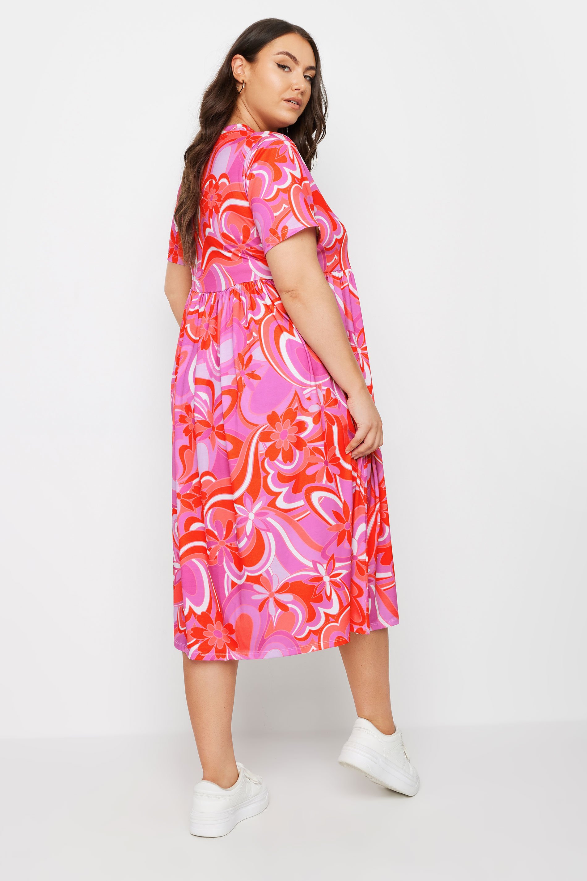 YOURS Plus Size Pink Retro Floral Print Smock Dress | Yours Clothing