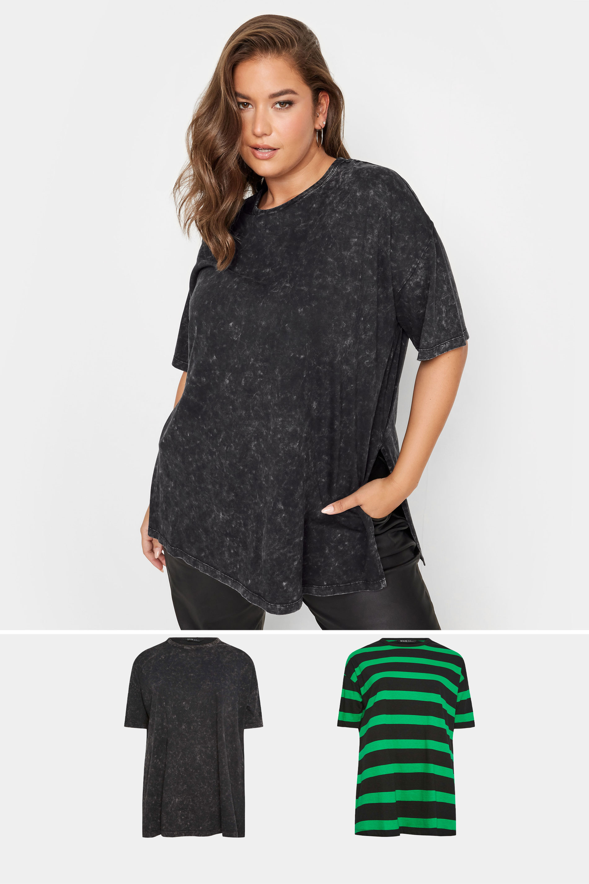 YOURS Plus Size 2 PACK Grey & Green Stripe Oversized Boxy T-Shirt | Yours Clothing 1