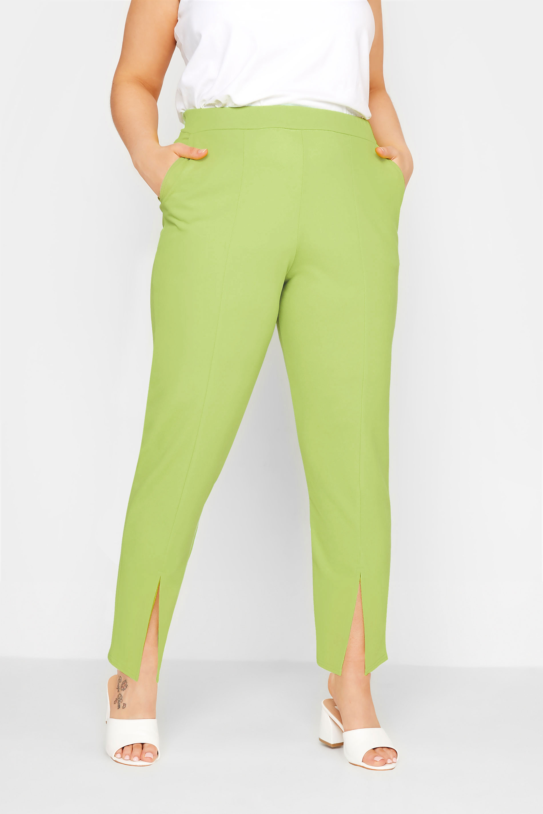 LIMITED COLLECTION Plus Size Lime Green Split Hem Stretch Tapered Trousers | Yours Clothing 1