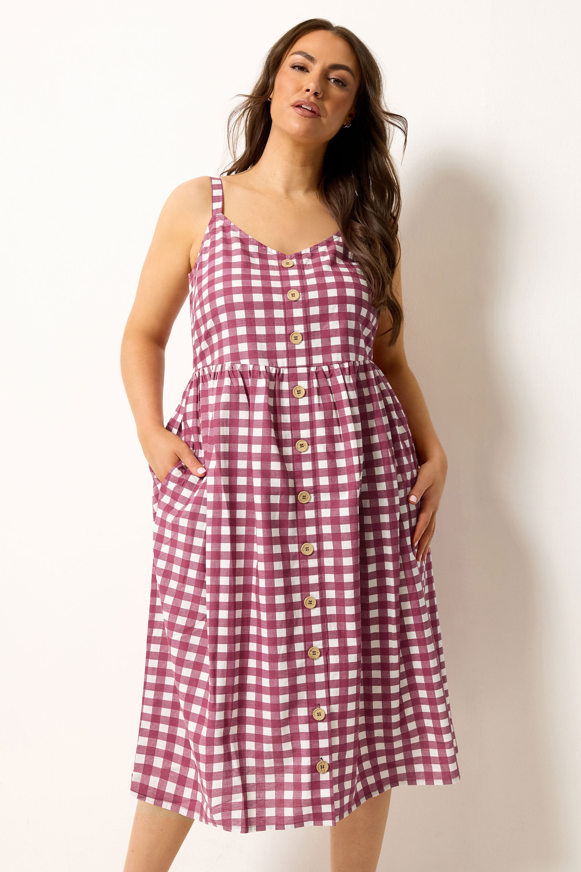 YOURS Plus Size Burgundy Red Gingham Linen Dress | Yours Clothing 1