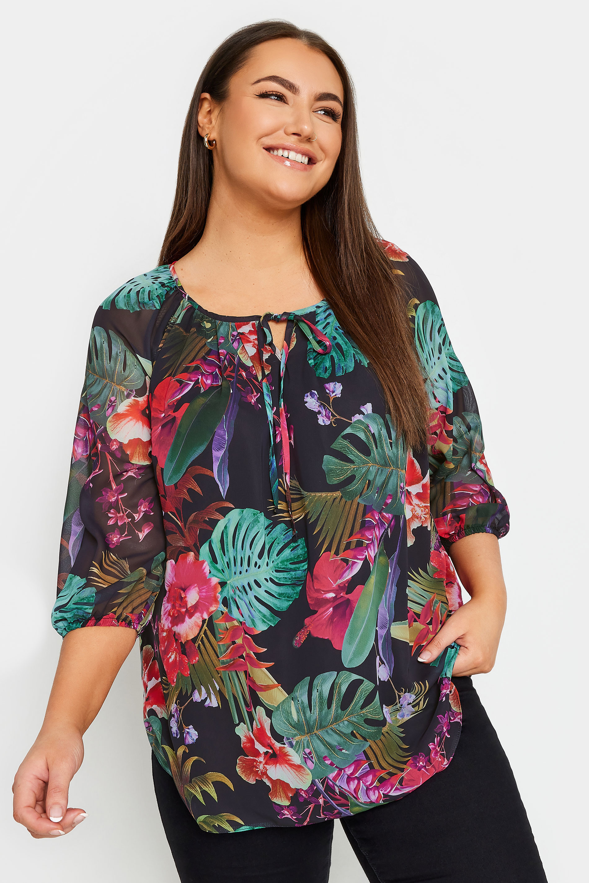 YOURS Plus Size Black Tropical Print Tie Neck Blouse | Yours Clothing 1
