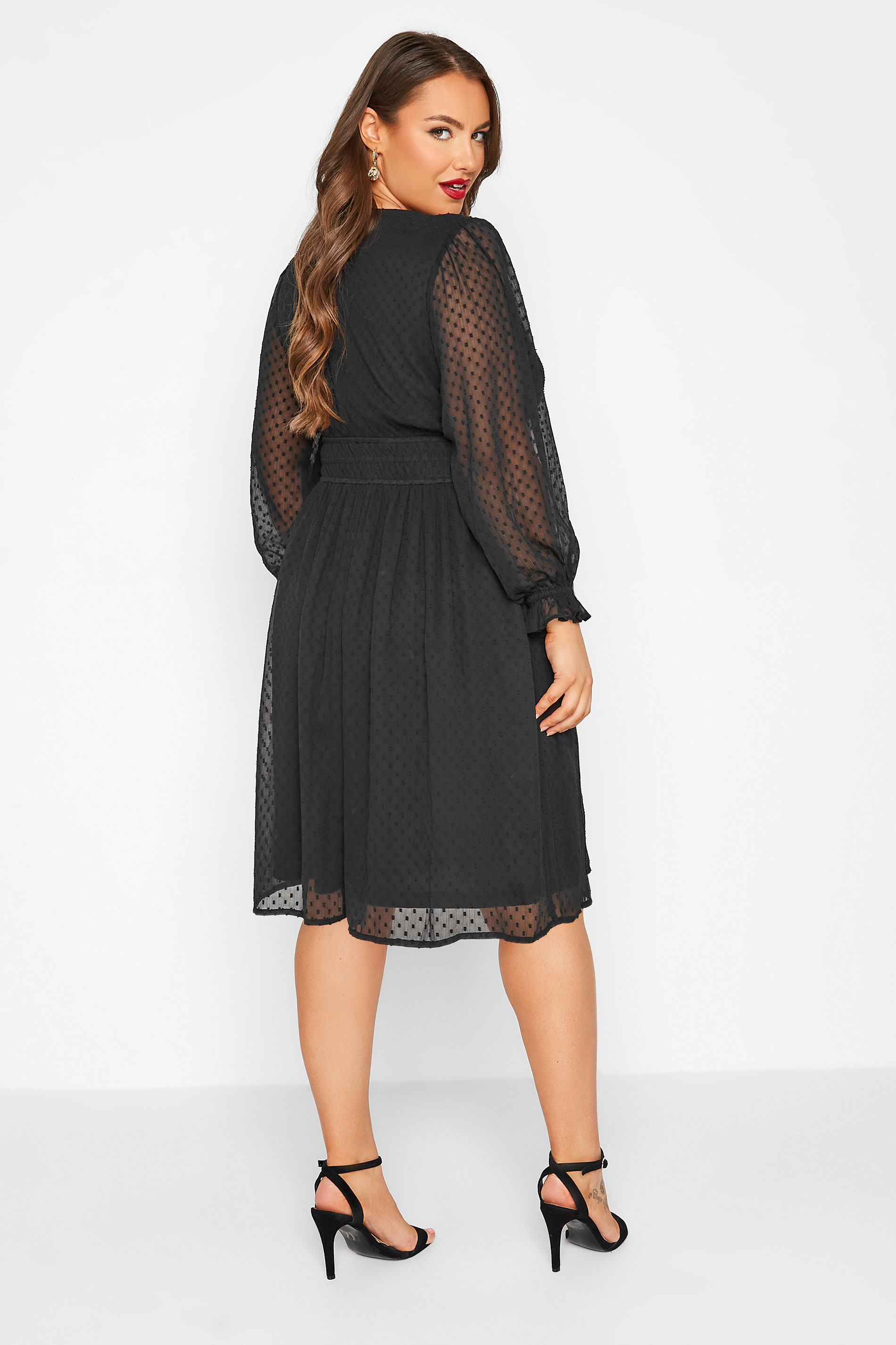 YOURS LONDON Plus Size Black Dobby Ruffle Shoulder Dress | Yours Clothing 3