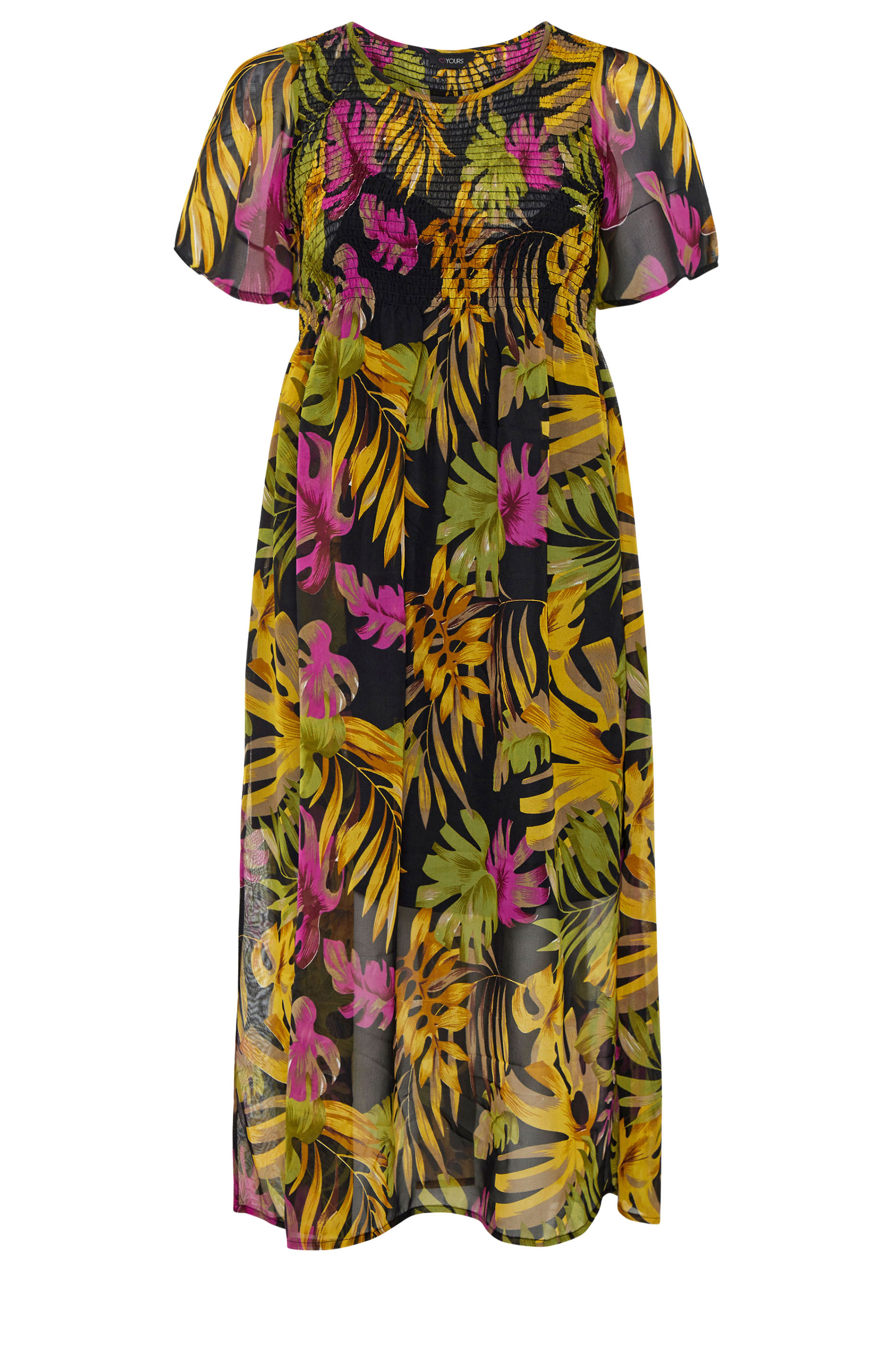 Black Tropical Leaf Shirred Maxi Dress | Yours Clothing