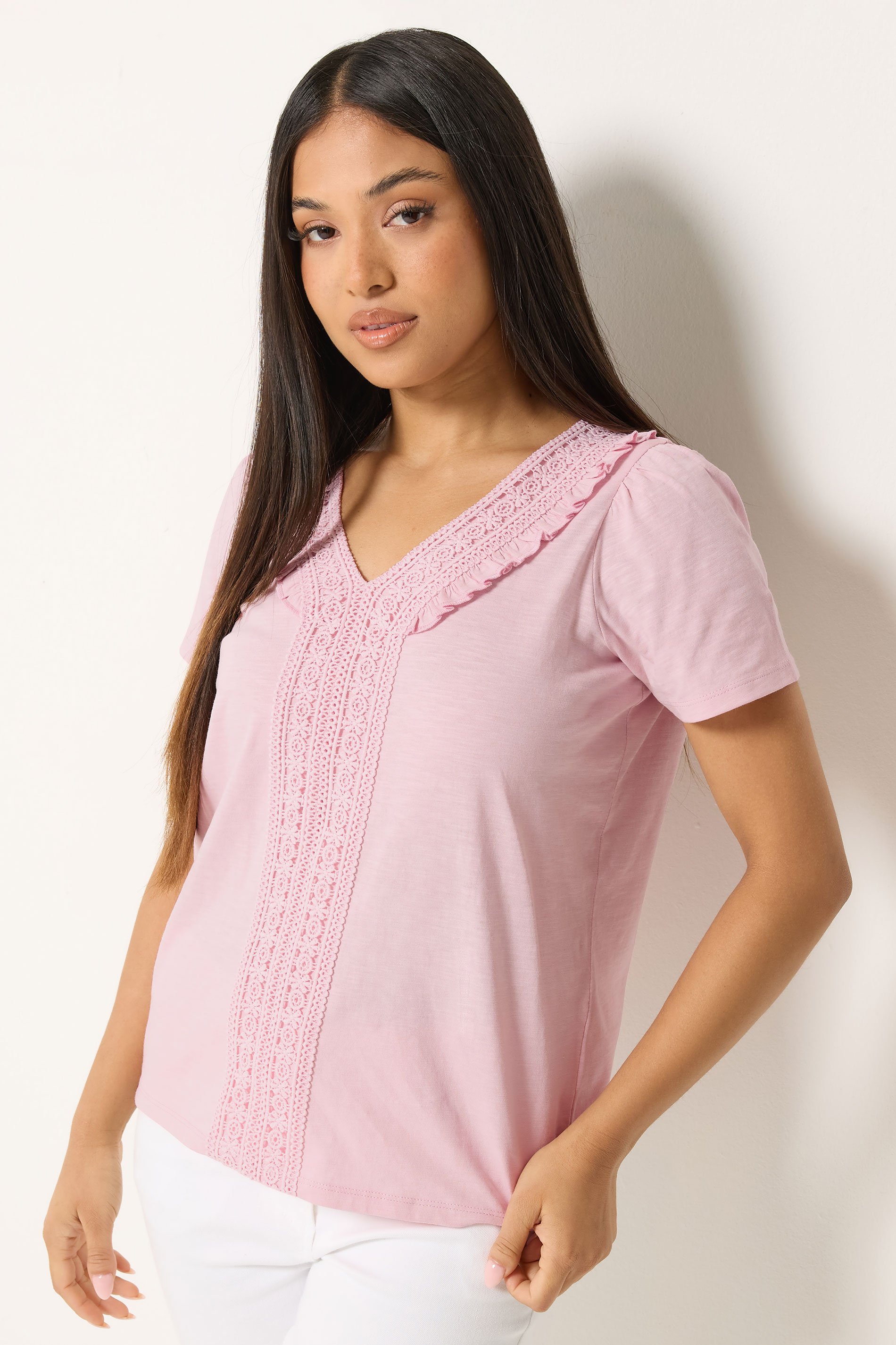 M&Co Petite Pink Short Sleeve Frill Cotton Blouse | M&Co 3