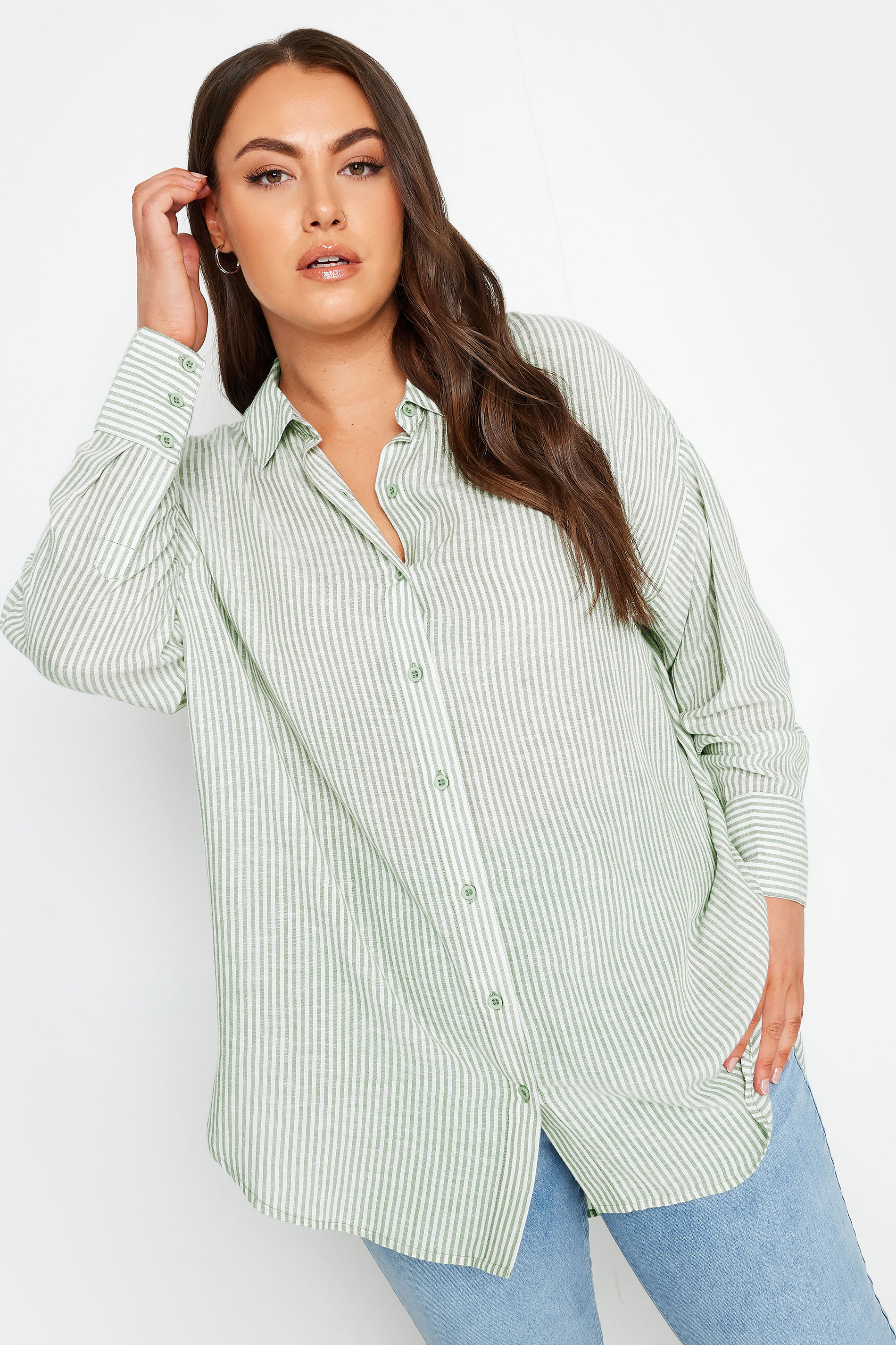 YOURS Plus Size Green Pinstripe Shirt | Yours Clothing 3