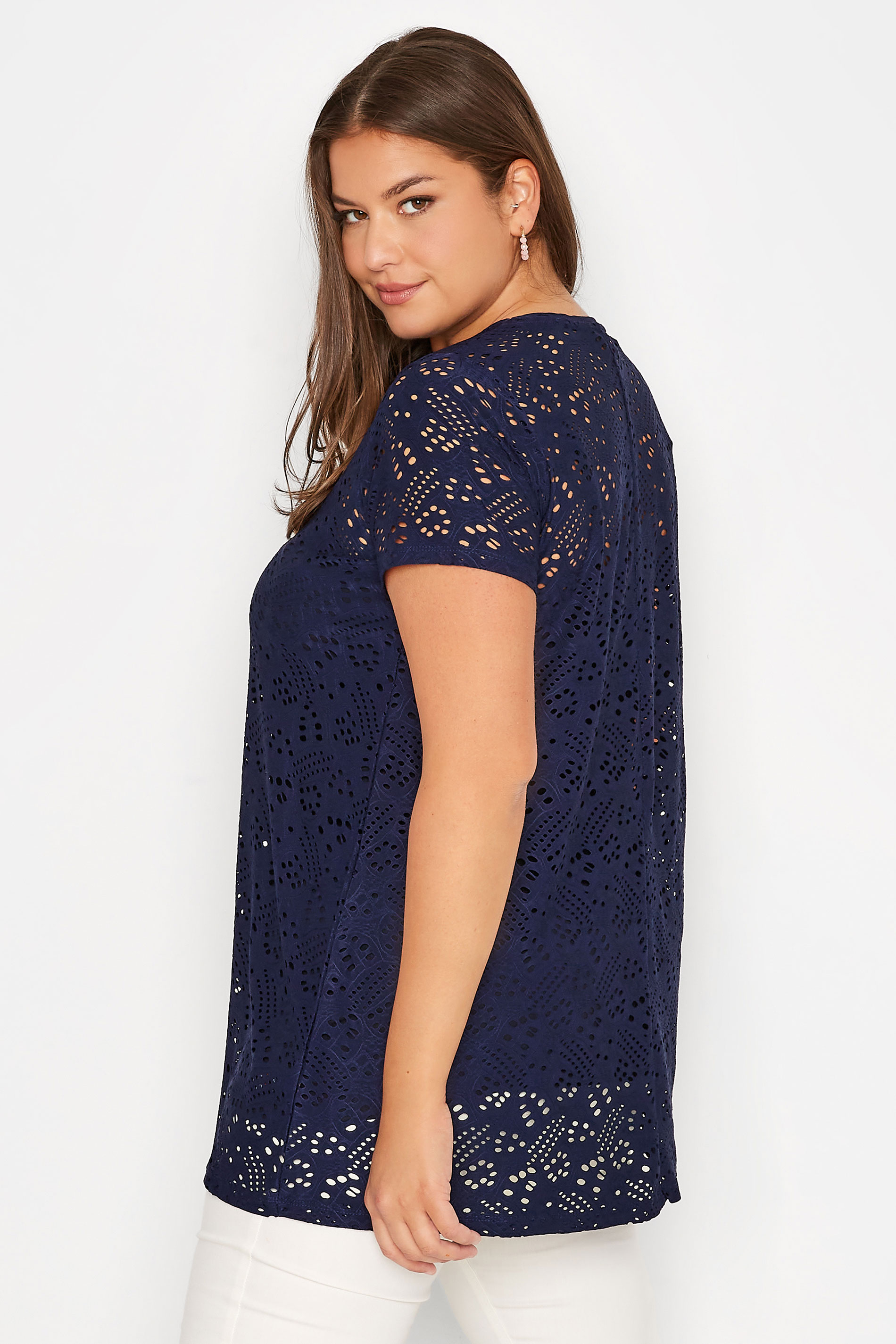 Plus Size Navy Blue Broderie Anglaise Swing T-Shirt | Yours Clothing 3