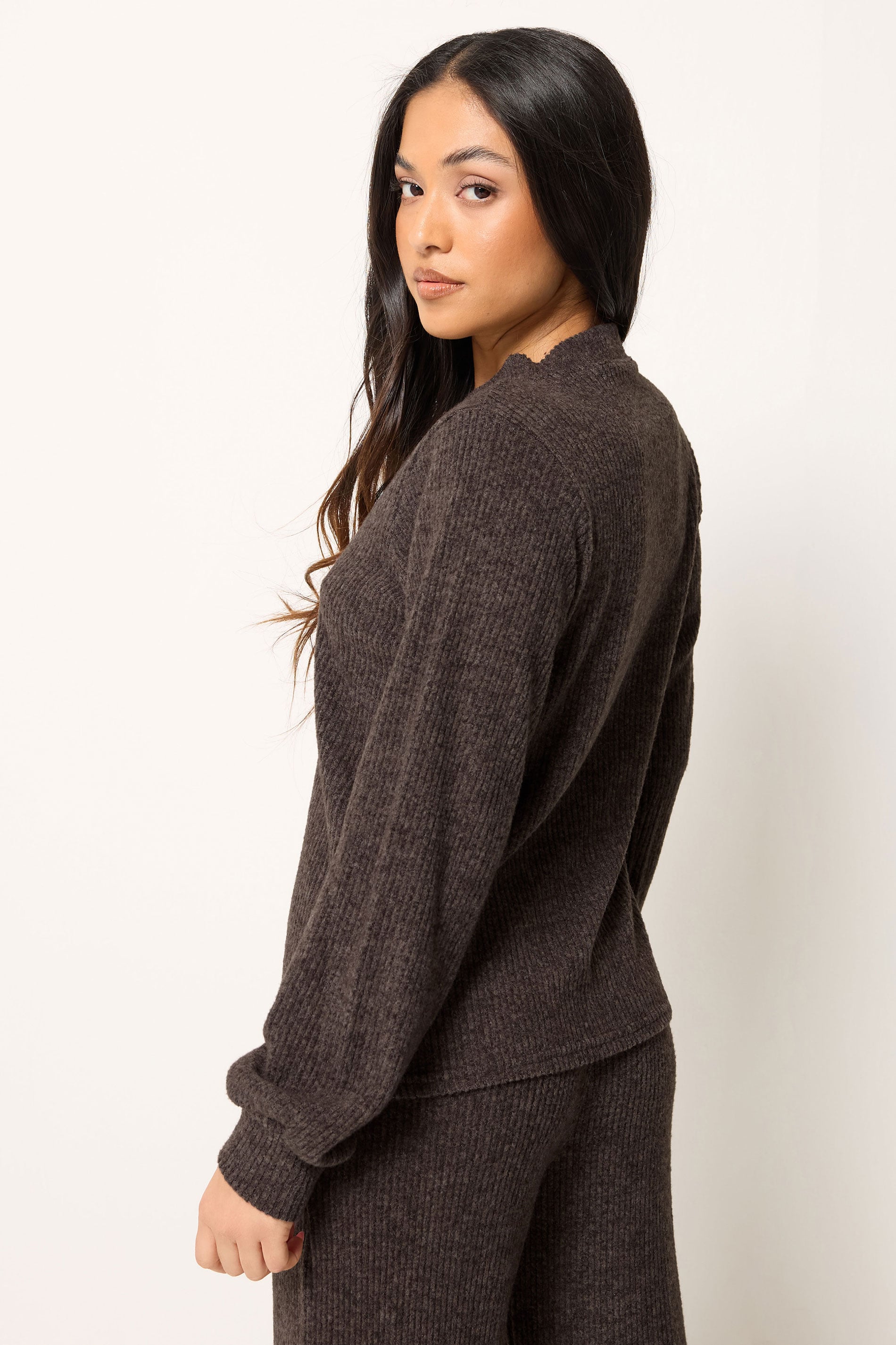PixieGirl Petite Women's Set Chocolate Brown Ribbed Cardigan & Wide Leg Trousers | PixieGirl 4