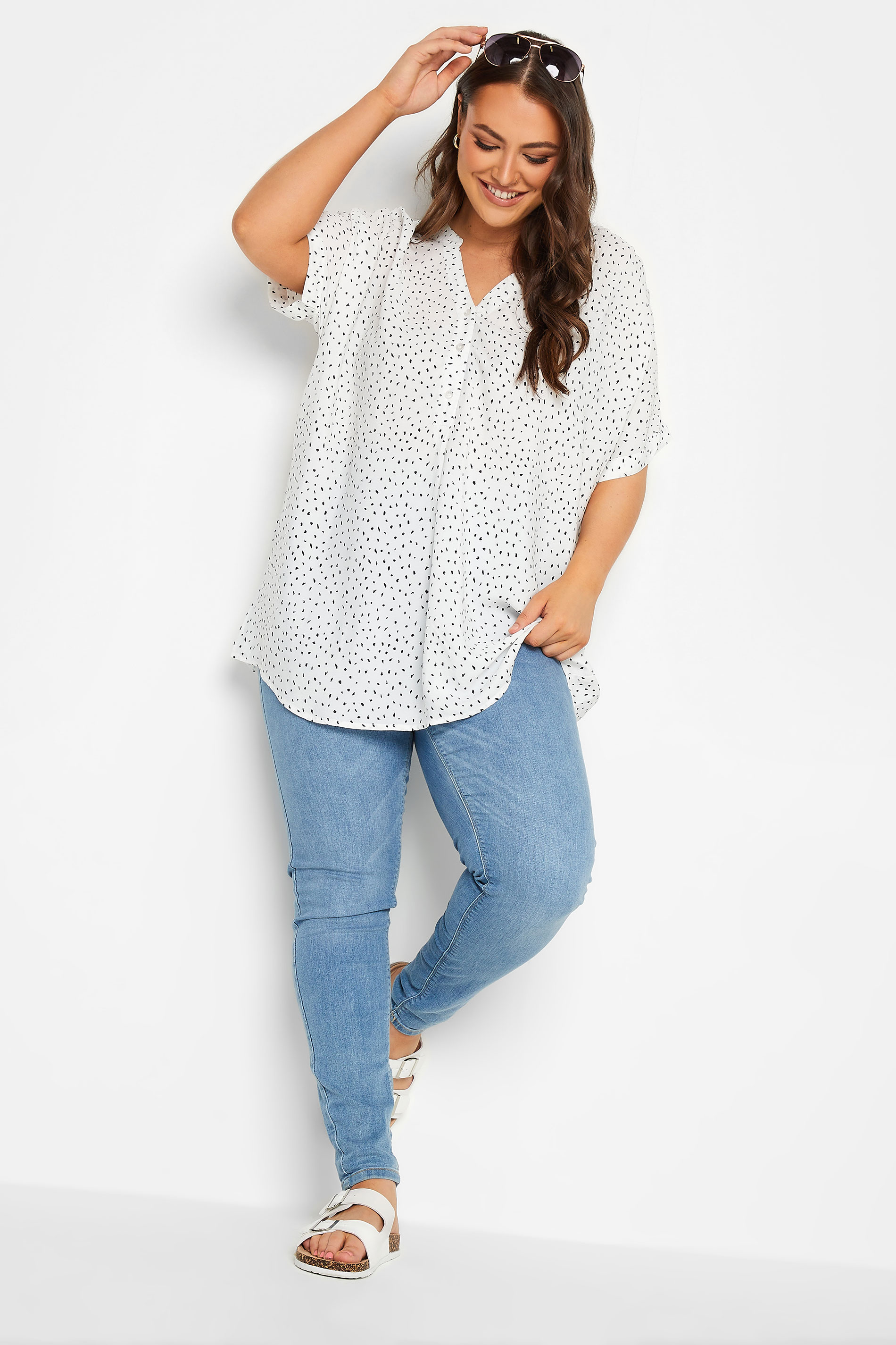 YOURS Plus Size White Spot Print Half Placket Shirt| Yours Clothing  2