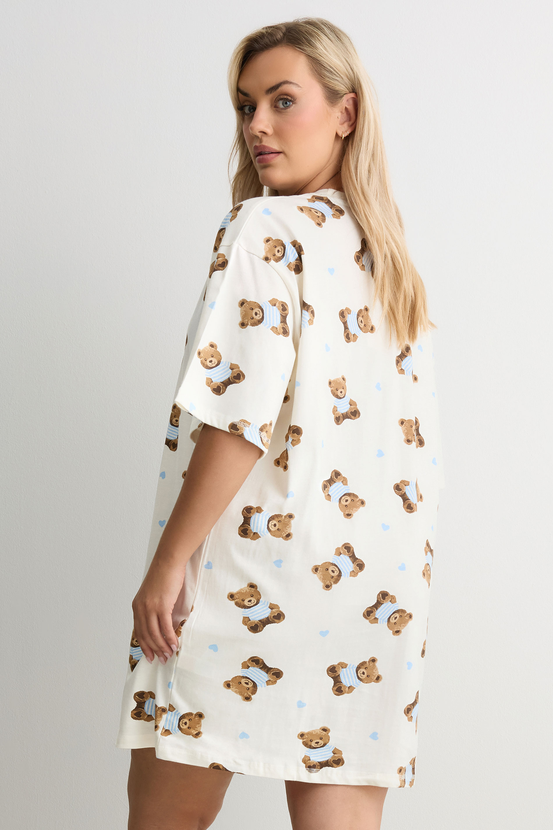 YOURS Plus Size Ivory White Teddy Print Sleep Tee Nightdress | Yours Clothing 2