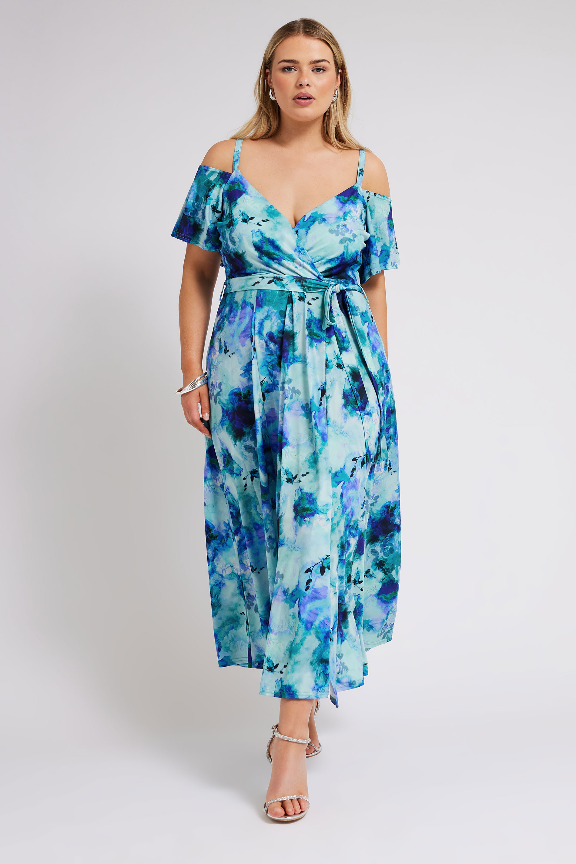 YOURS LONDON Plus Size Blue Floral Print Cold Shoulder Dress | Yours Clothing 2