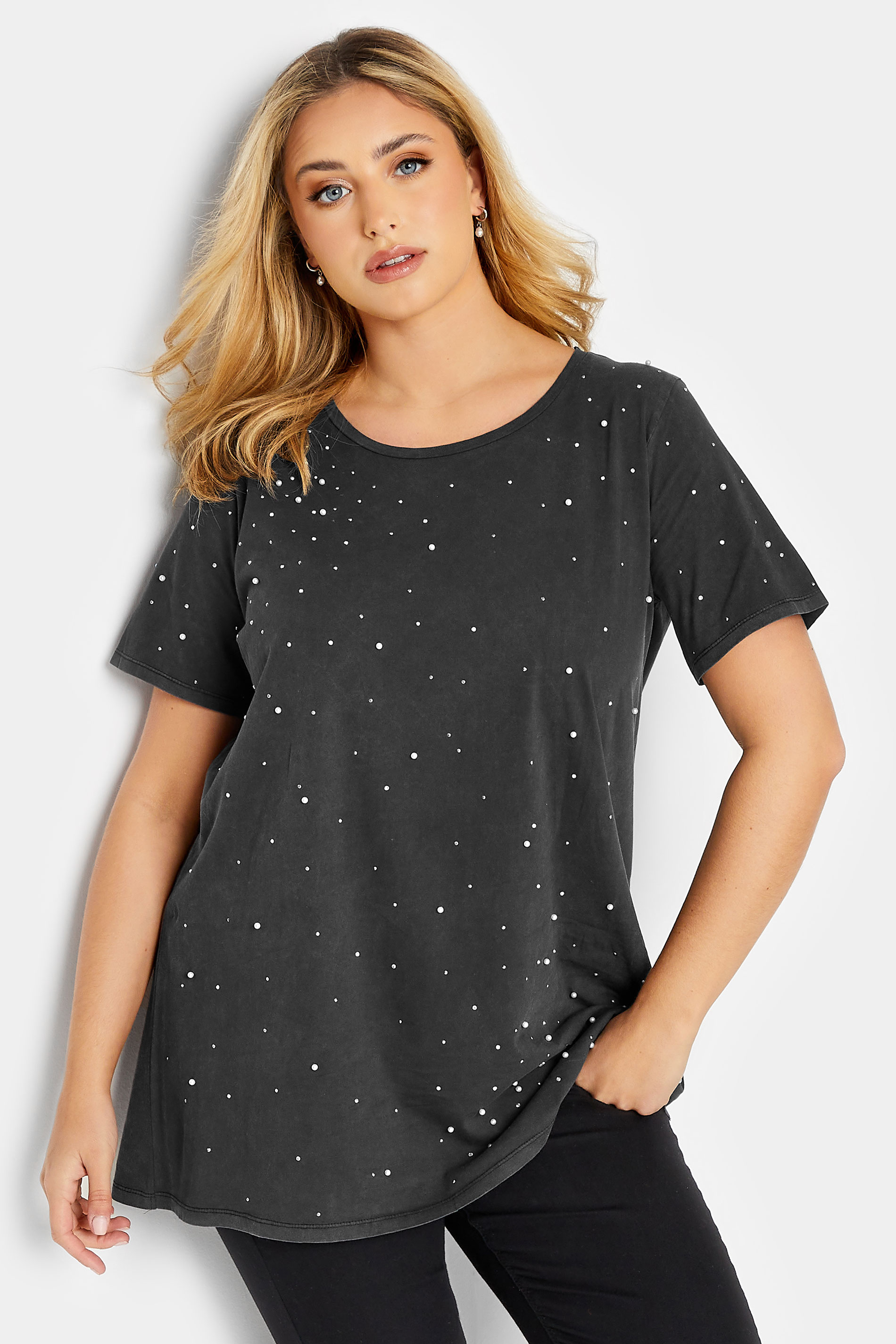 Plus Size Black Acid Wash Embellished T-Shirt | Yours Clothing 1