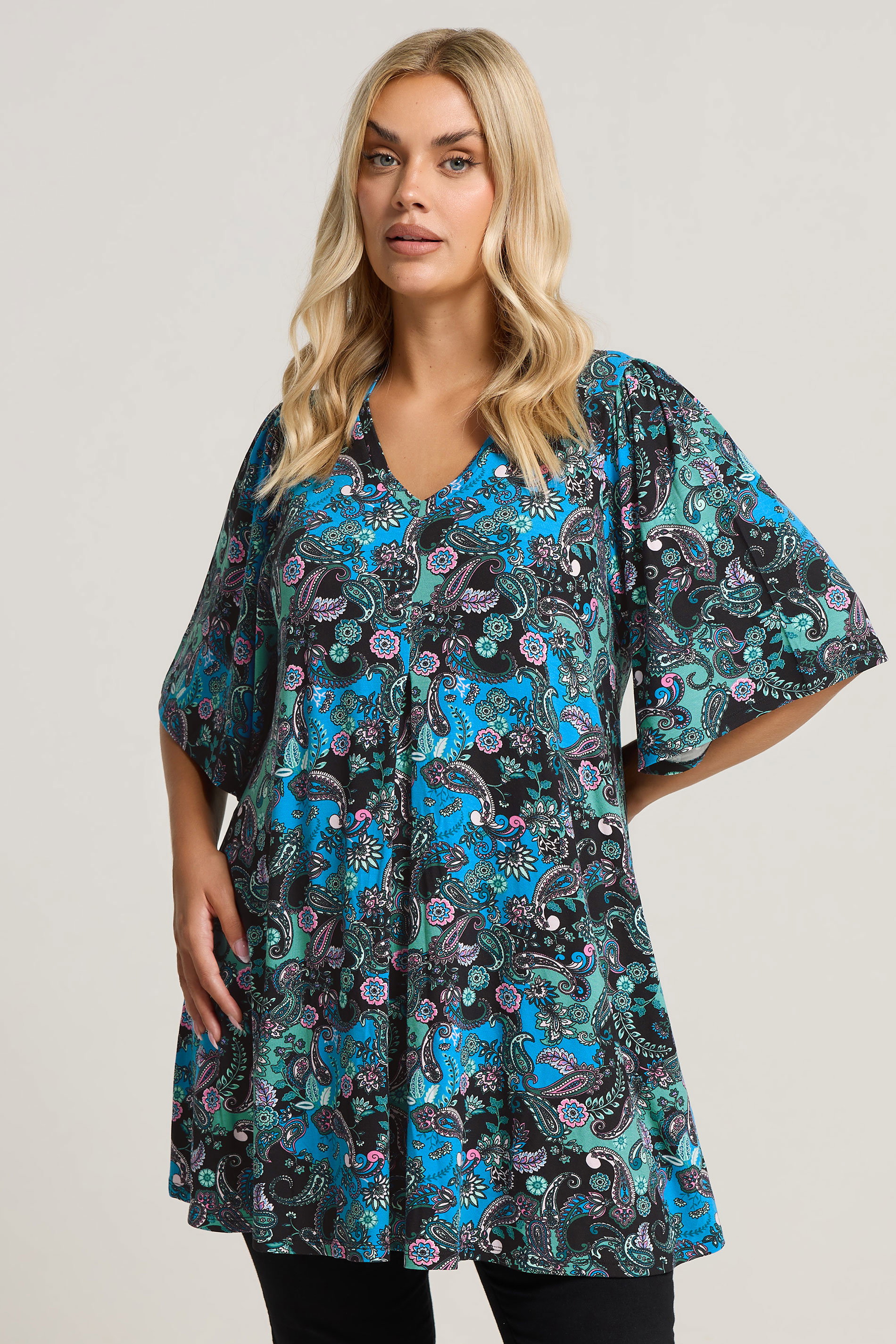 Blue Yours Curve Paisley Print Pleat Front Top, Women's Curve & Plus Size, Yours