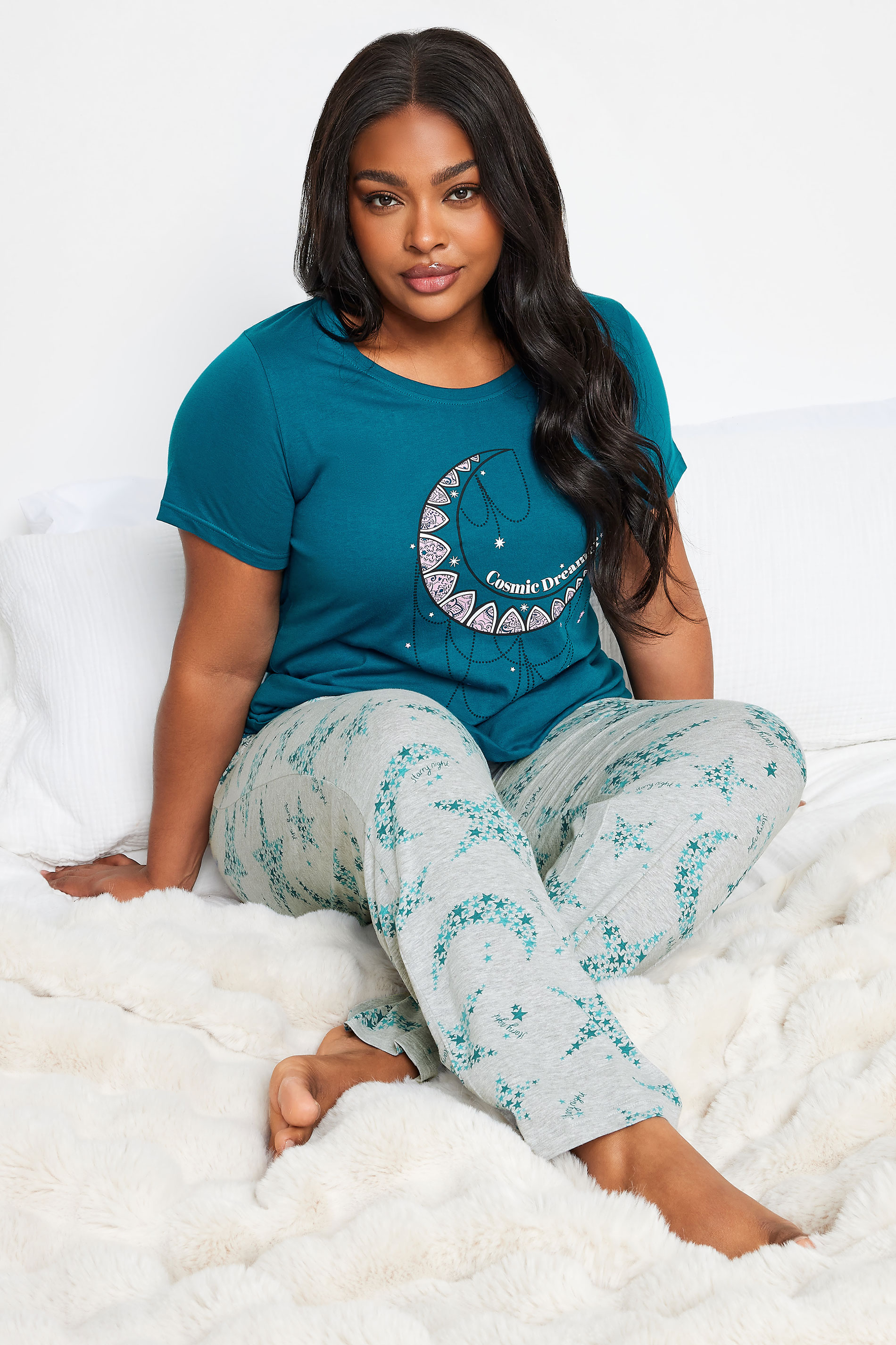 YOURS Plus Size Turquoise Blue 'Cosmic Dreamer' Star & Moon Print Pyjama Set | Yours Clothing 2
