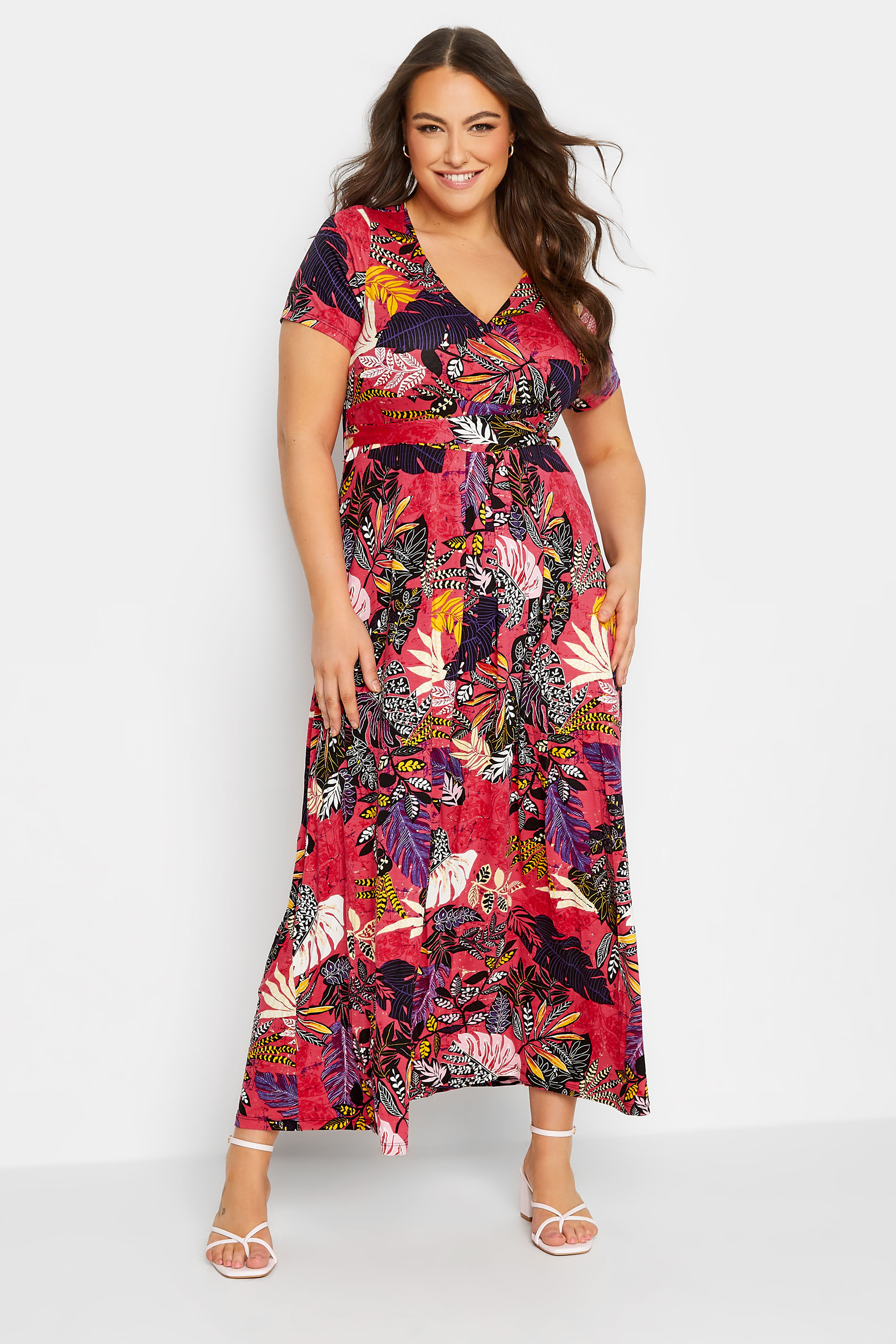 YOURS Curve Plus Size Hot Pink Leaf Print Wrap Maxi Dress | Yours Clothing  1