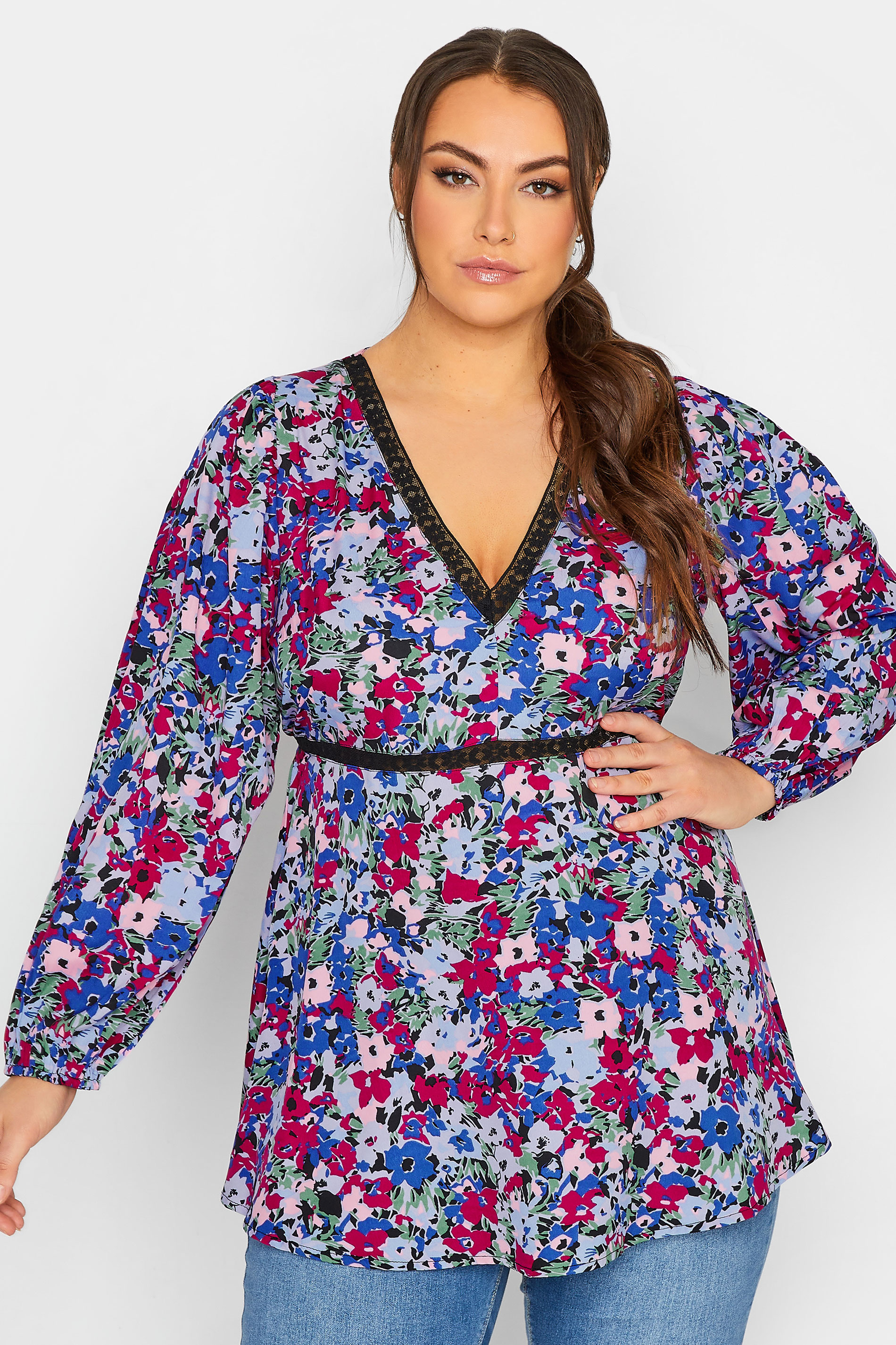 LIMITED COLLECTION Plus Size Blue & Pink Floral Lace Blouse | Yours Clothing 1