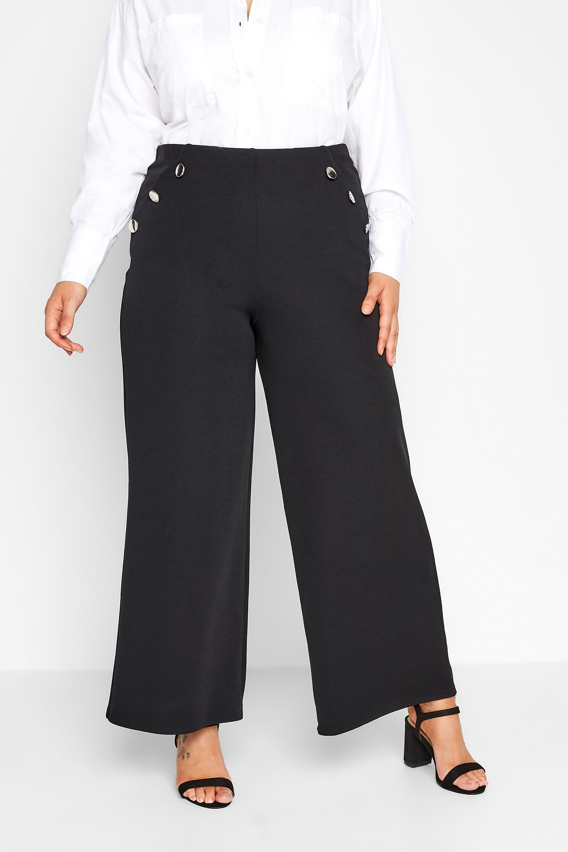 Plus Size Black Buttoned Wide Leg Stretch Trousers | Yours Clothing 1