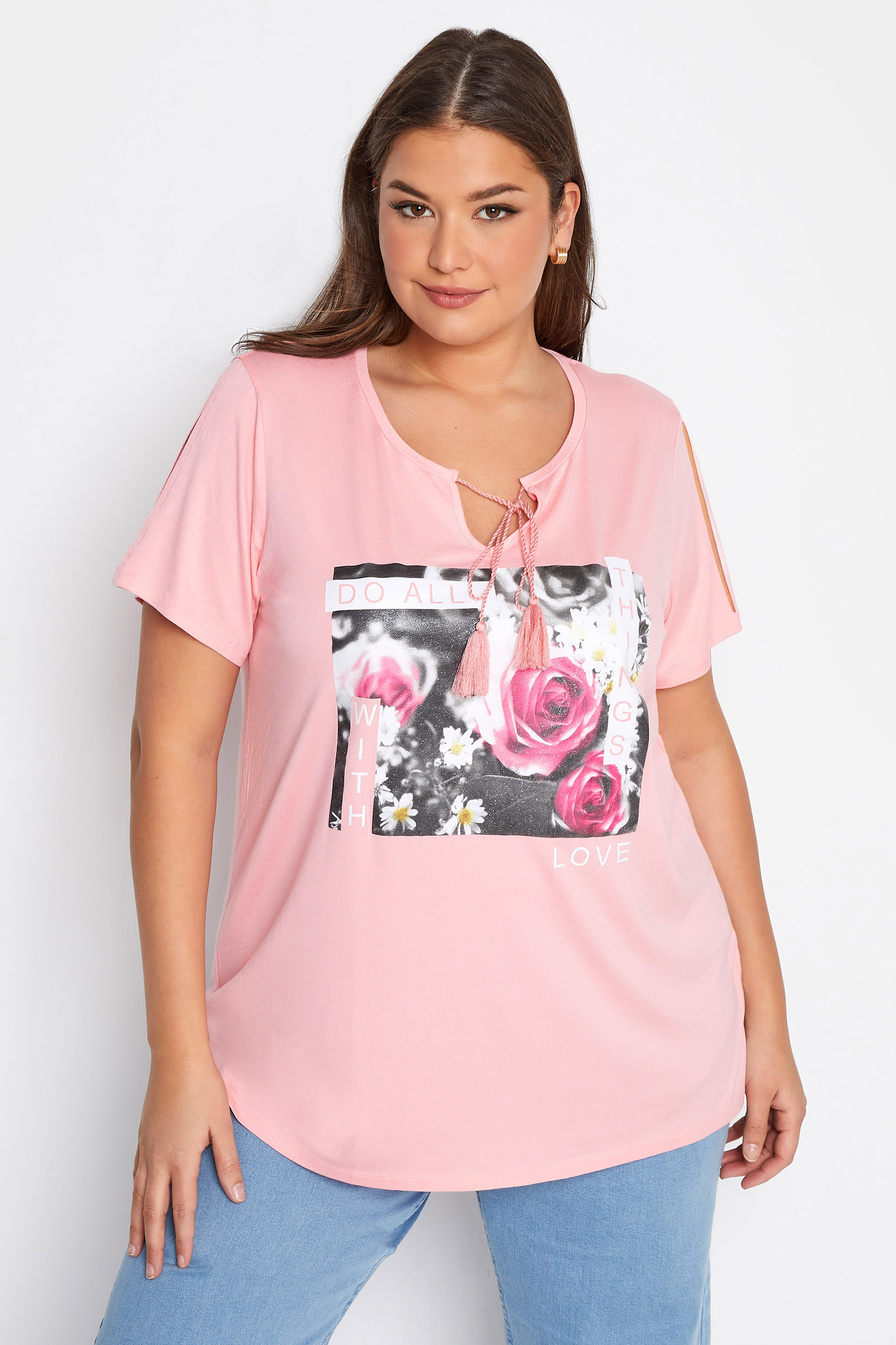 Grande taille  Tops Grande taille  T-Shirts | T-Shirt Rose Slogan 'All things with love' en Jersey - XH59056