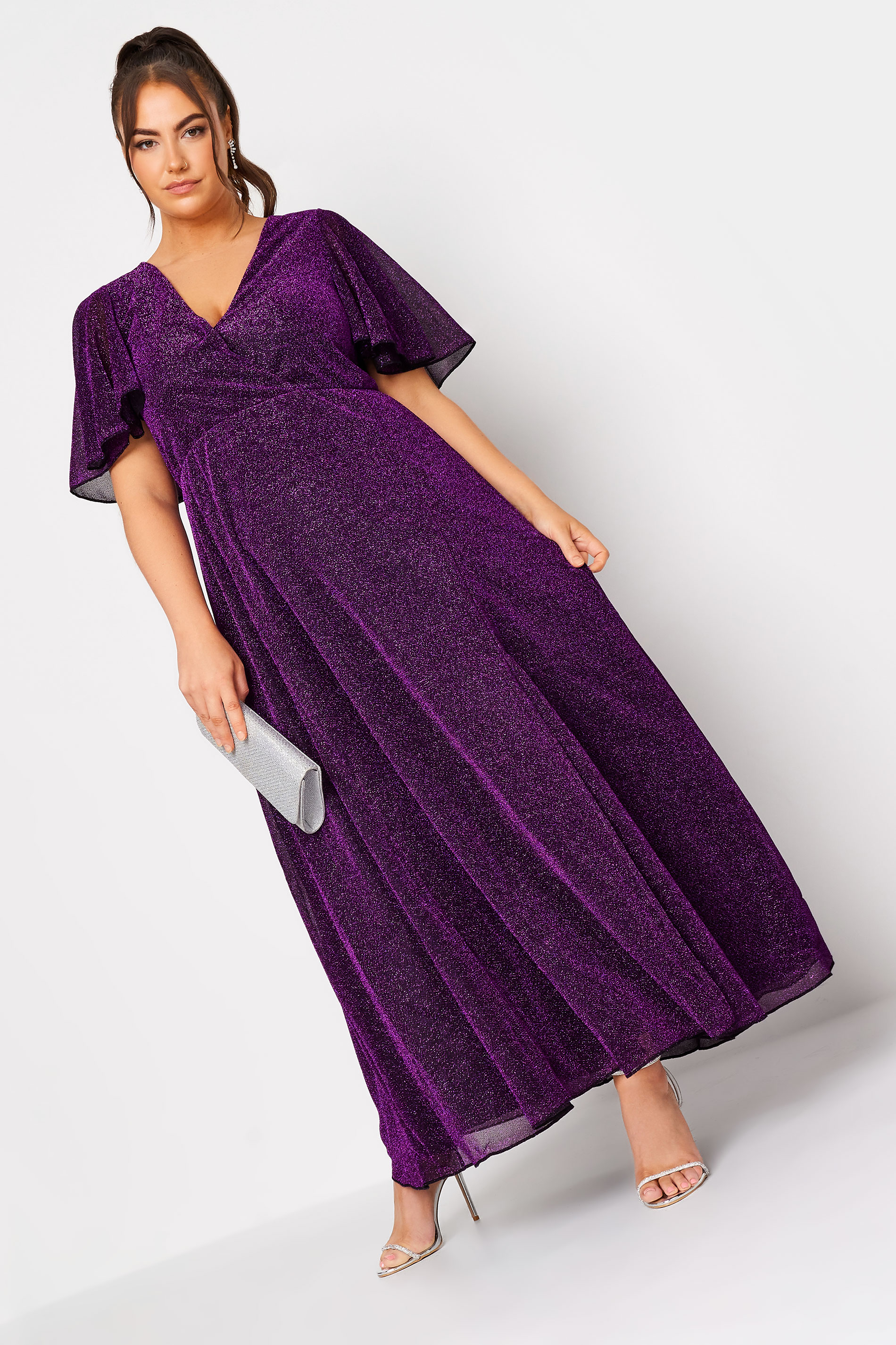 YOURS LONDON Plus Size Purple Glitter Angel Sleeve Maxi Dress | Yours Clothing 2