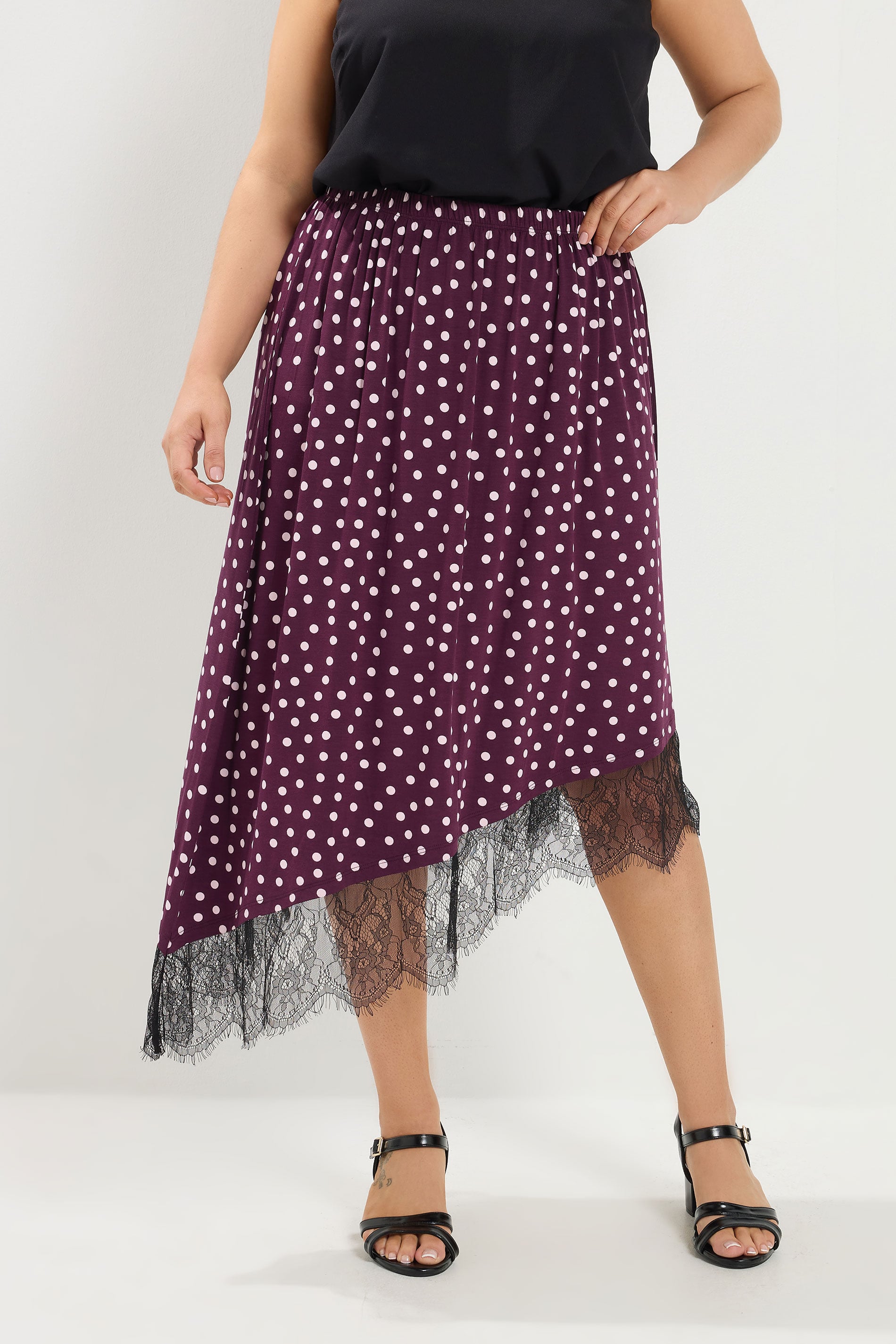 YOURS Plus Size Purple Polka Dot Lace Asymmetric Hem Skirt | Yours Clothing 1