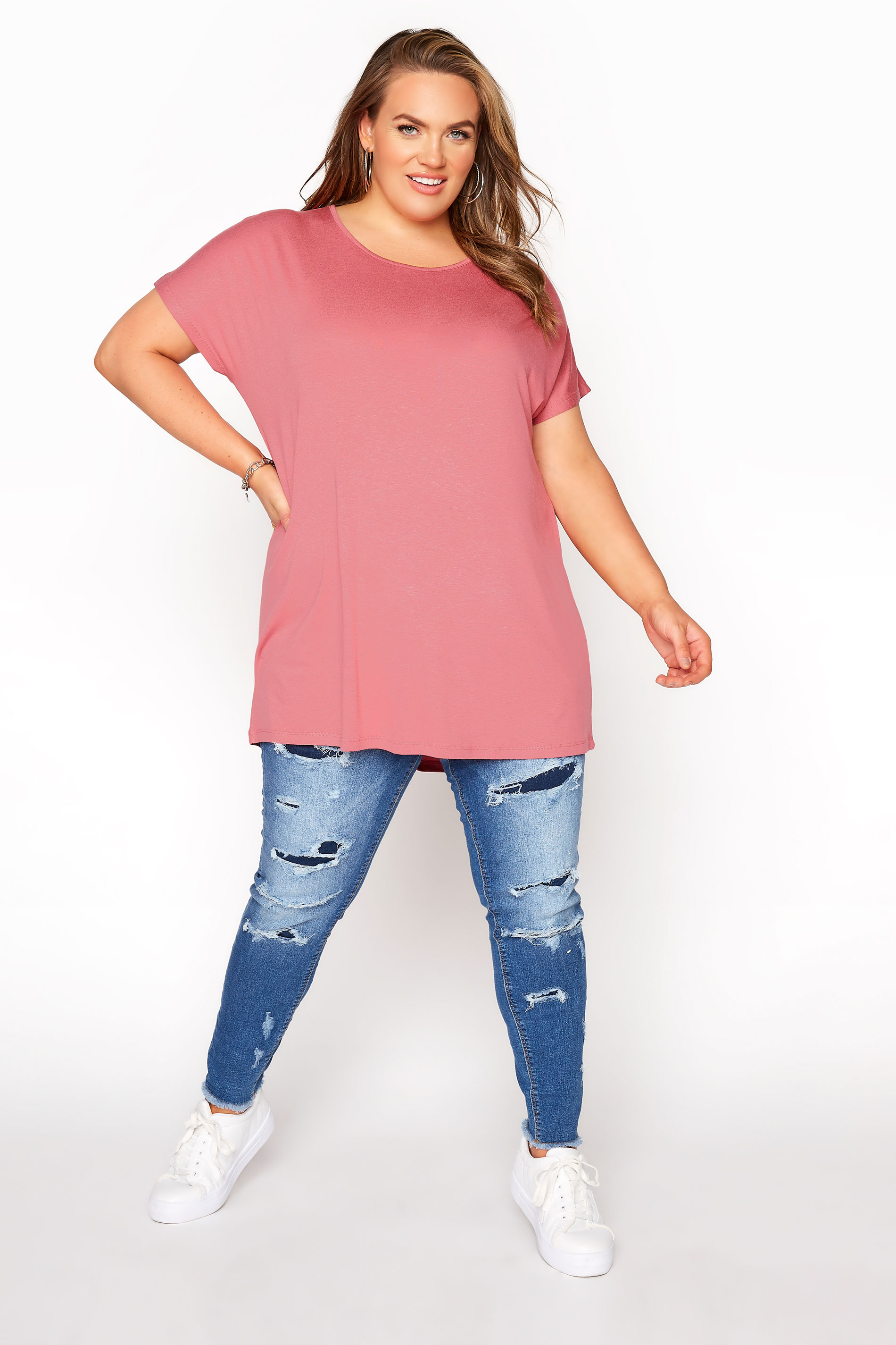 Pink Dipped Hem Short Sleeved T-Shirt 