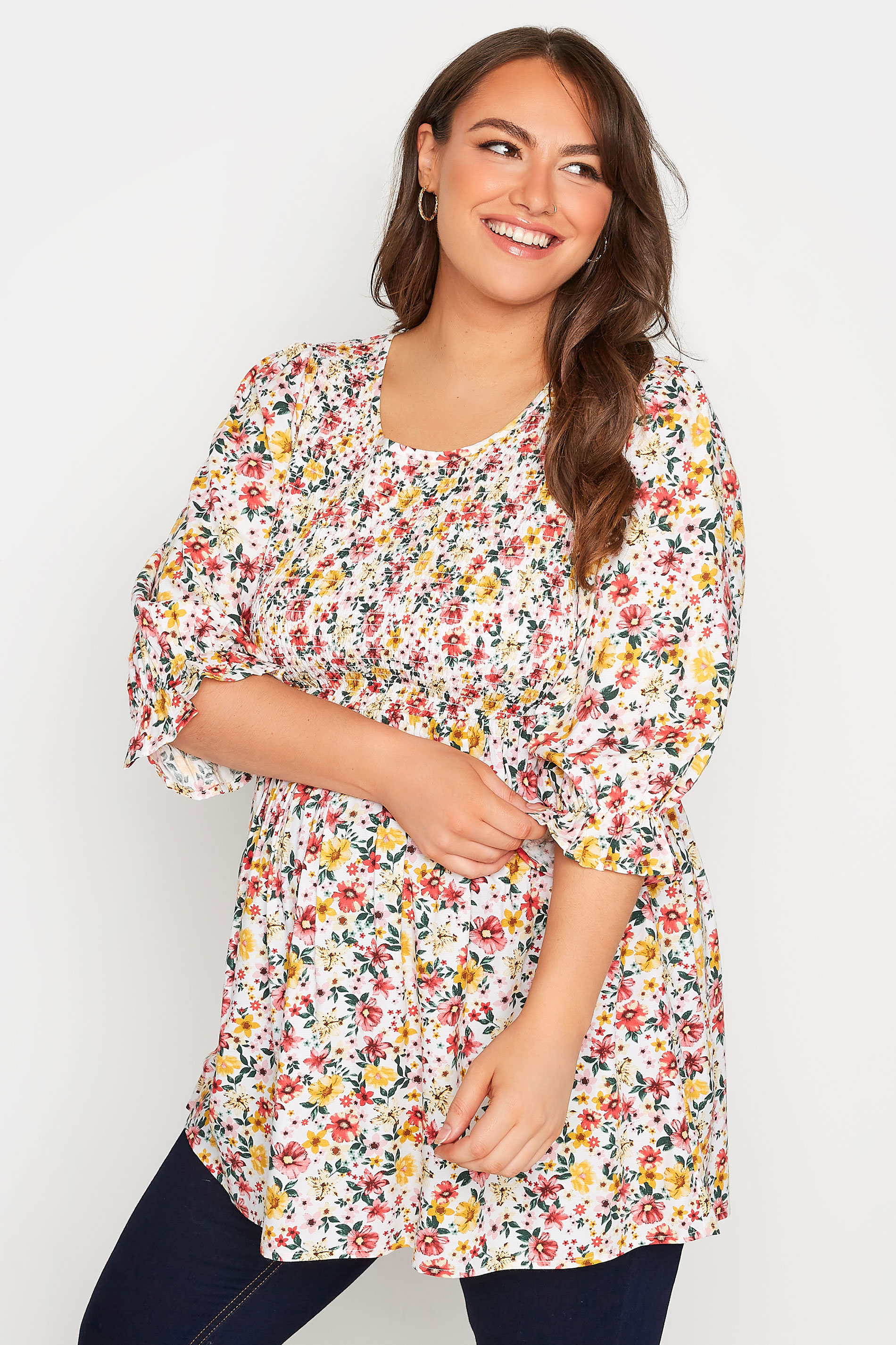 BUMP IT UP MATERNITY Plus Size White Floral Shirred Top | Yours Clothing 1