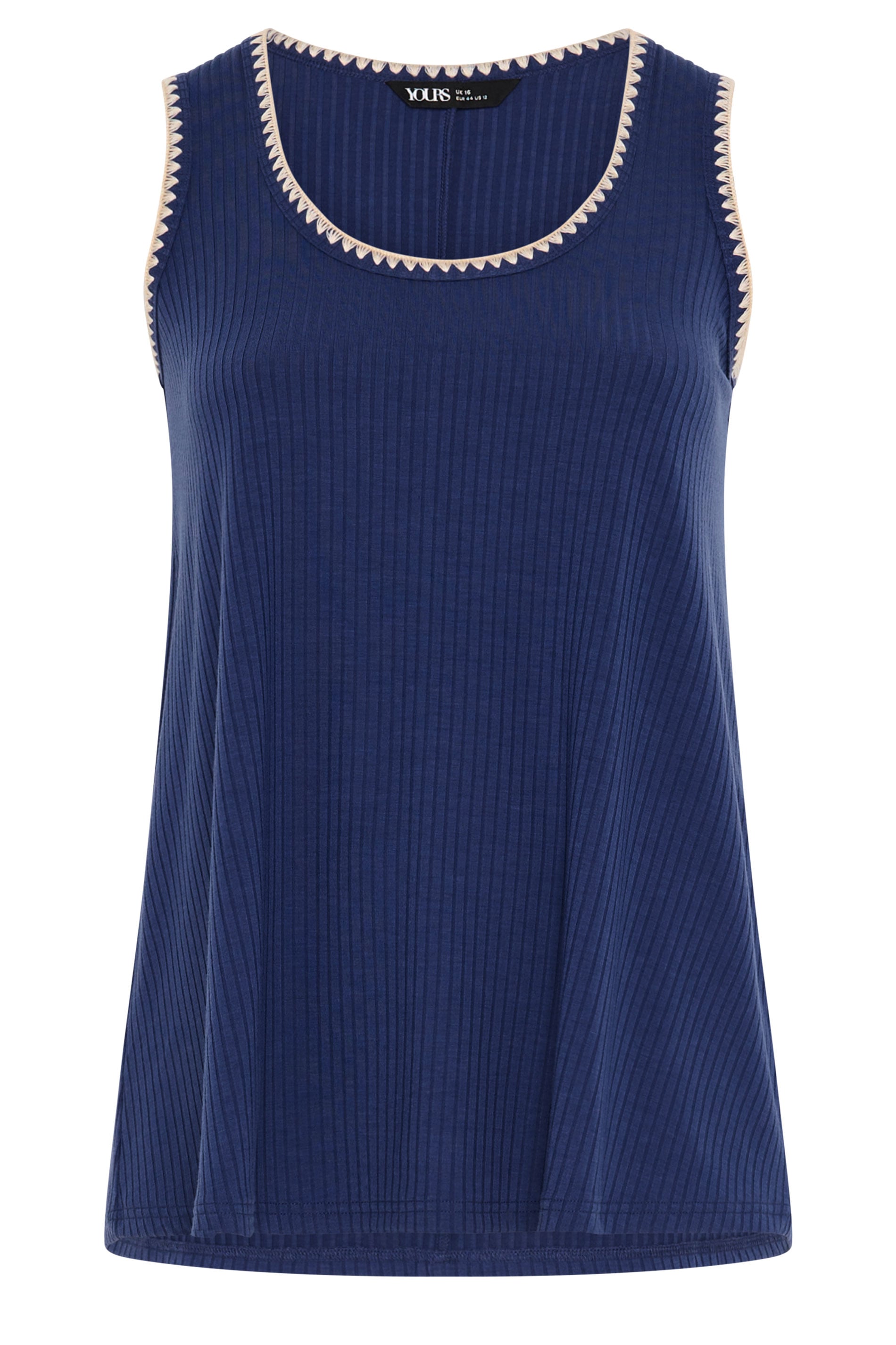 YOURS Plus Size Cobalt Blue Contrast Blanket Stitch Ribbed Vest Top | Yours Clothing 5