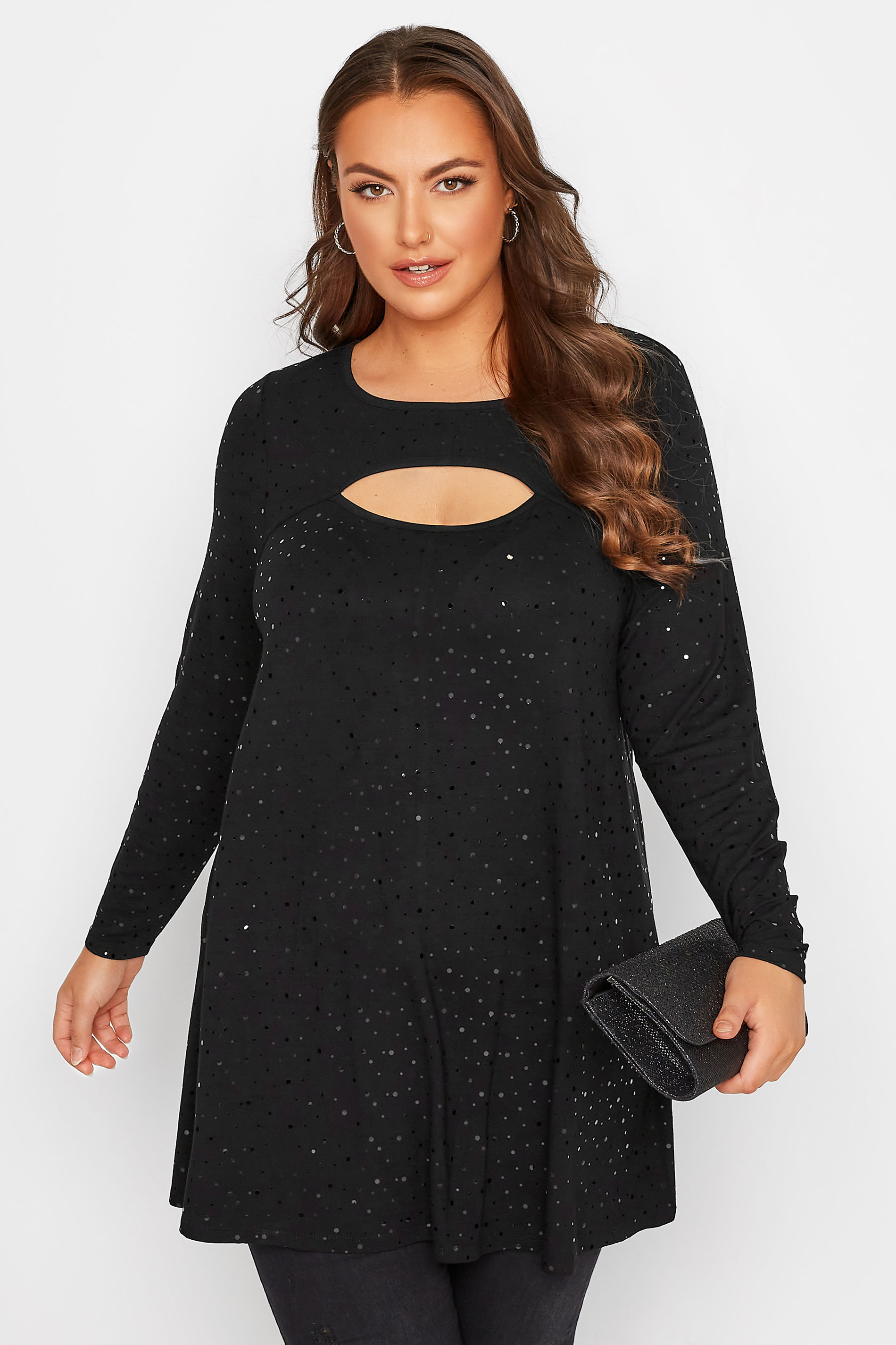 Plus Size Black Sequin Cut Out Swing Top | Yours Clothing 1