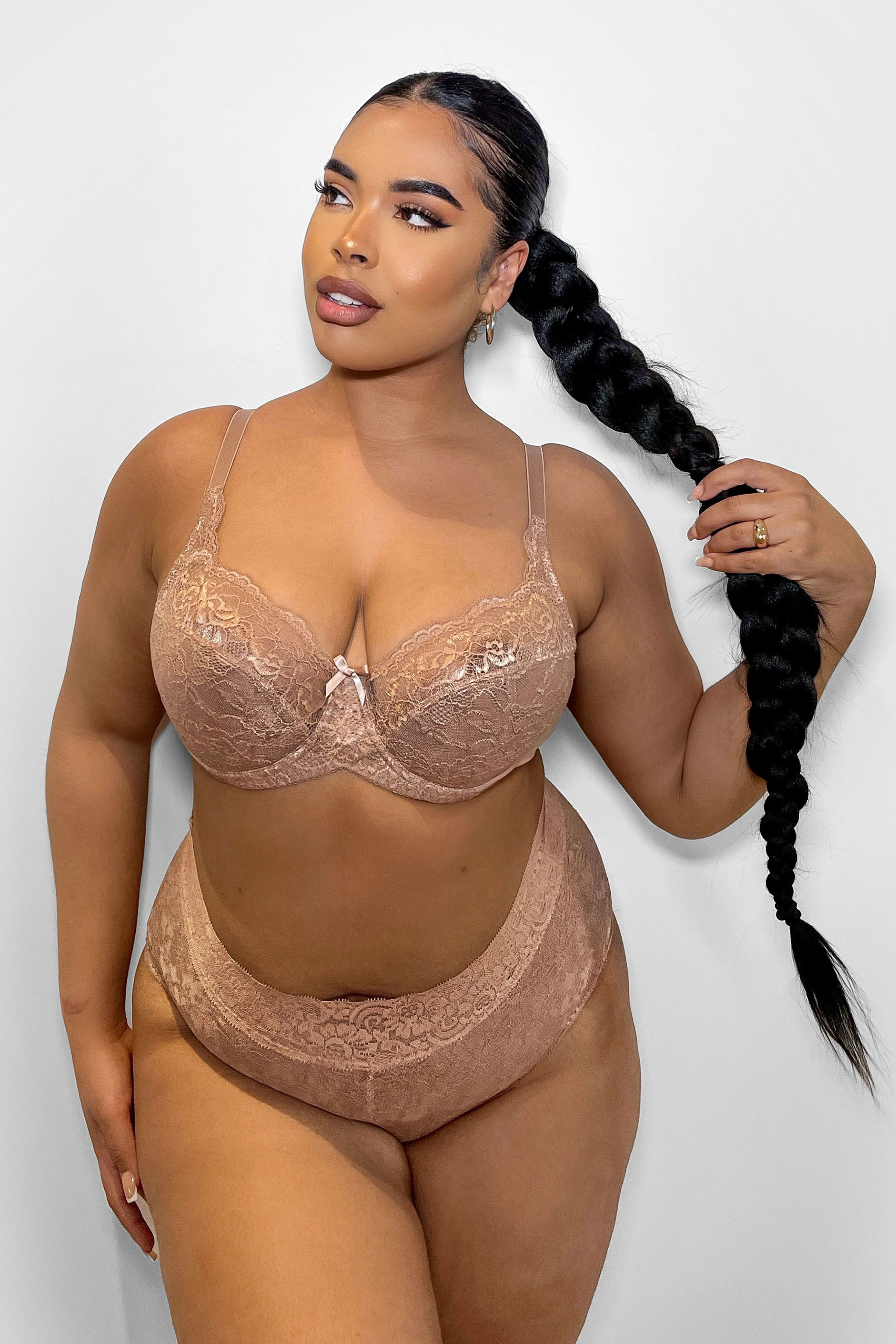 Plus Size Nude Brown Lace Non-Padded Underwired Balcony Bra | Yours Clothing  1