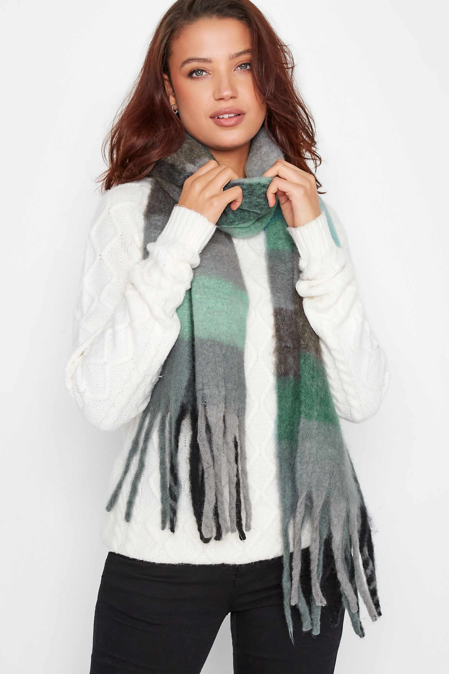 Grey Block Check Chunky Tassel Scarf | Yours Clothing 1