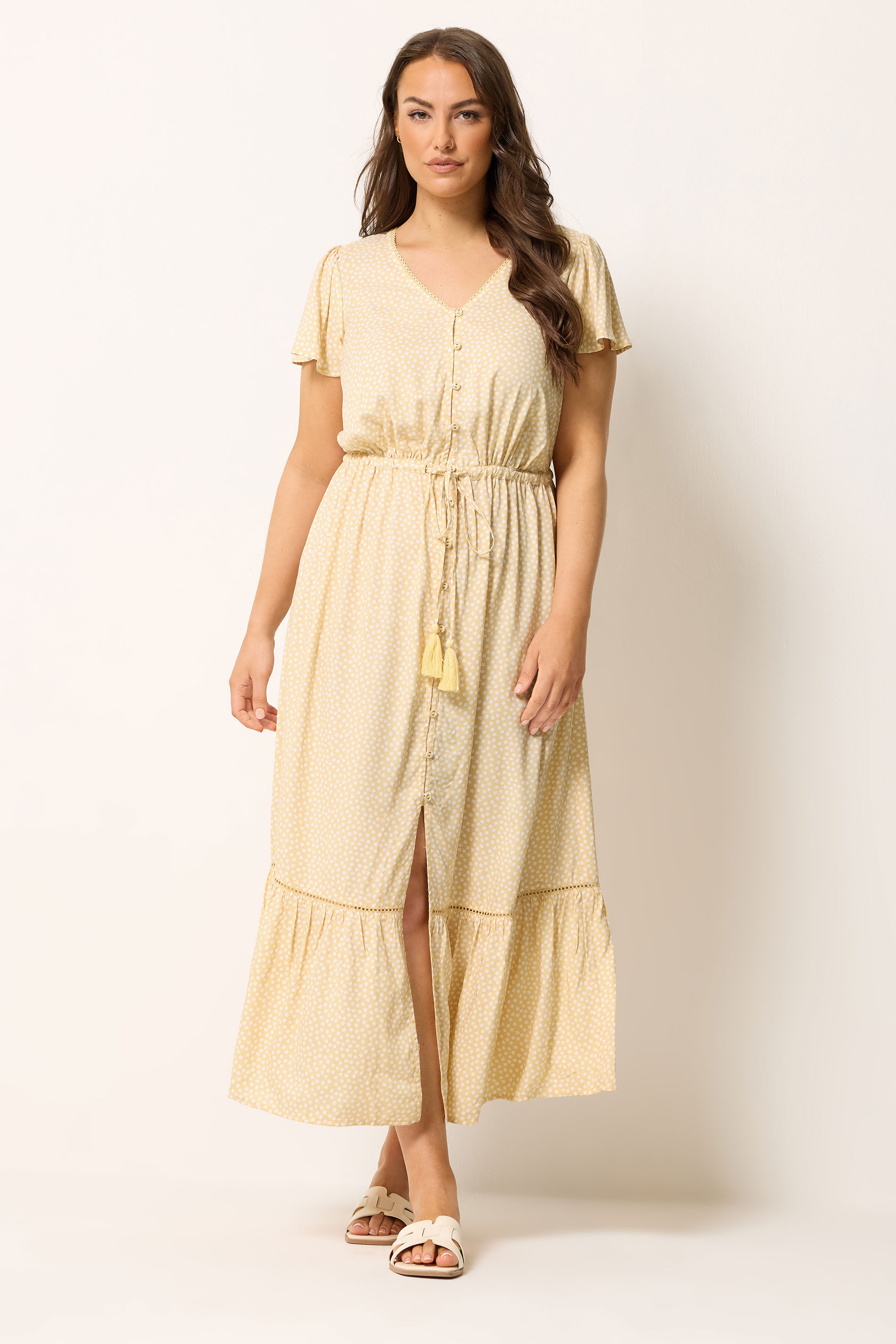YOURS Curve Yellow Ditsy Floral Print Maxi Dress | Yours Clothing 1