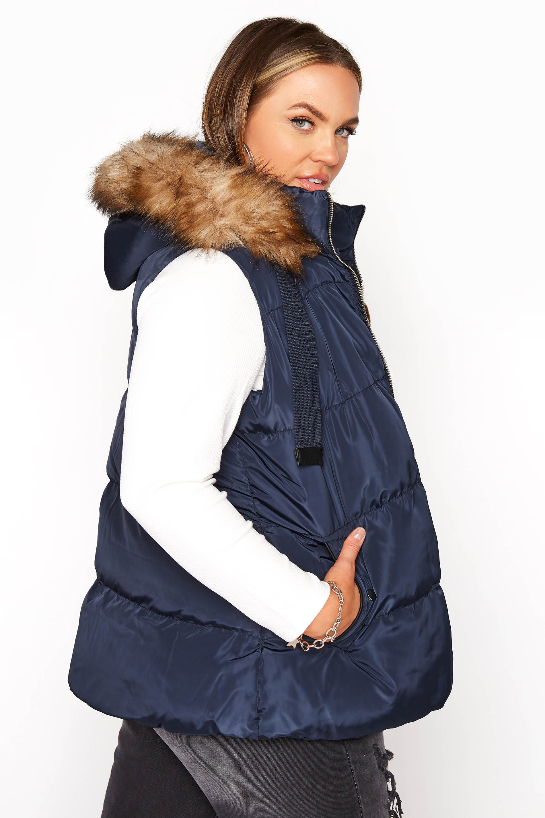 Plus Size Navy Panelled Puffer Gilet | Yours Clothing