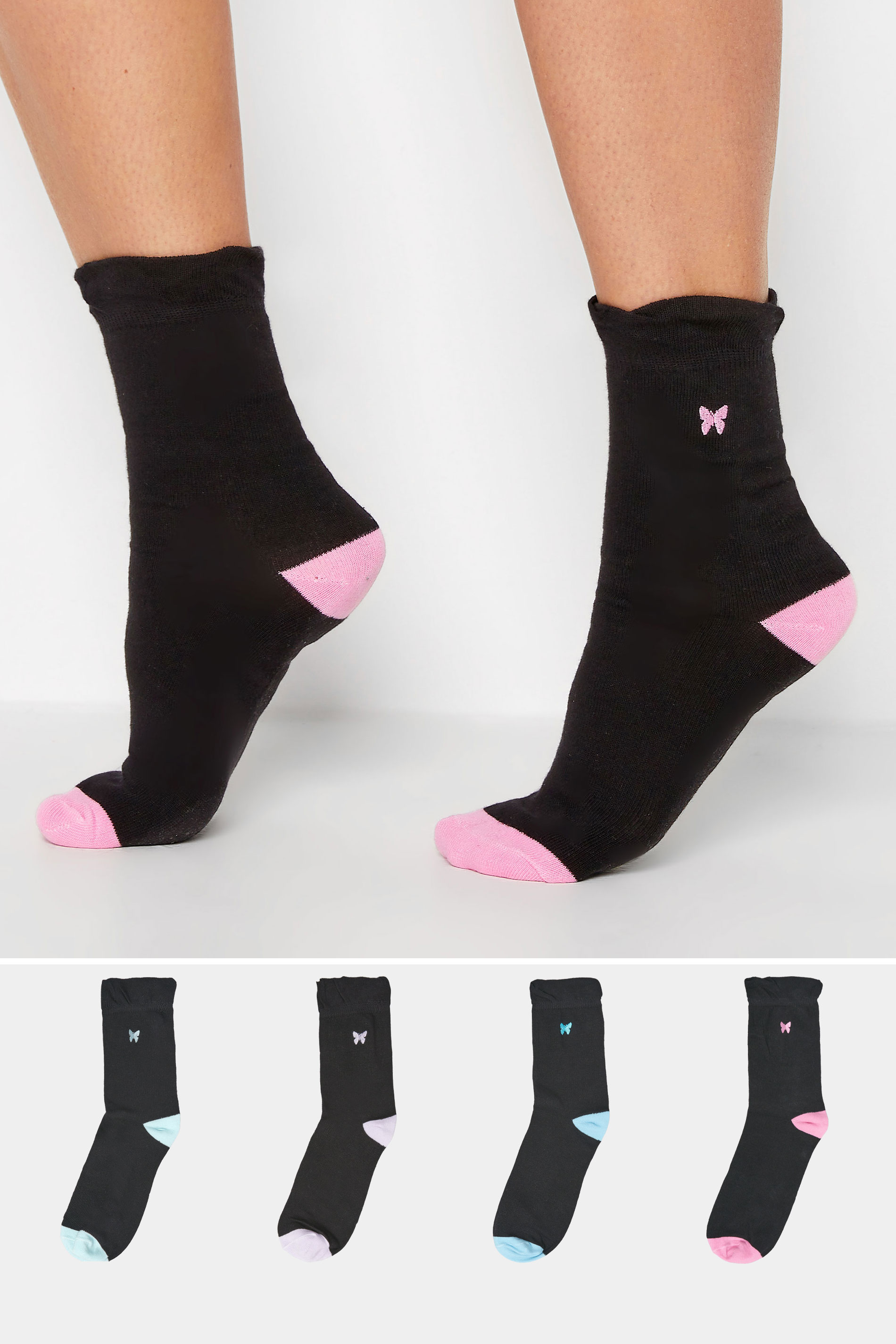 YOURS 4 PACK Black Butterfly Embroidered Ankle Socks | Yours Clothing 1