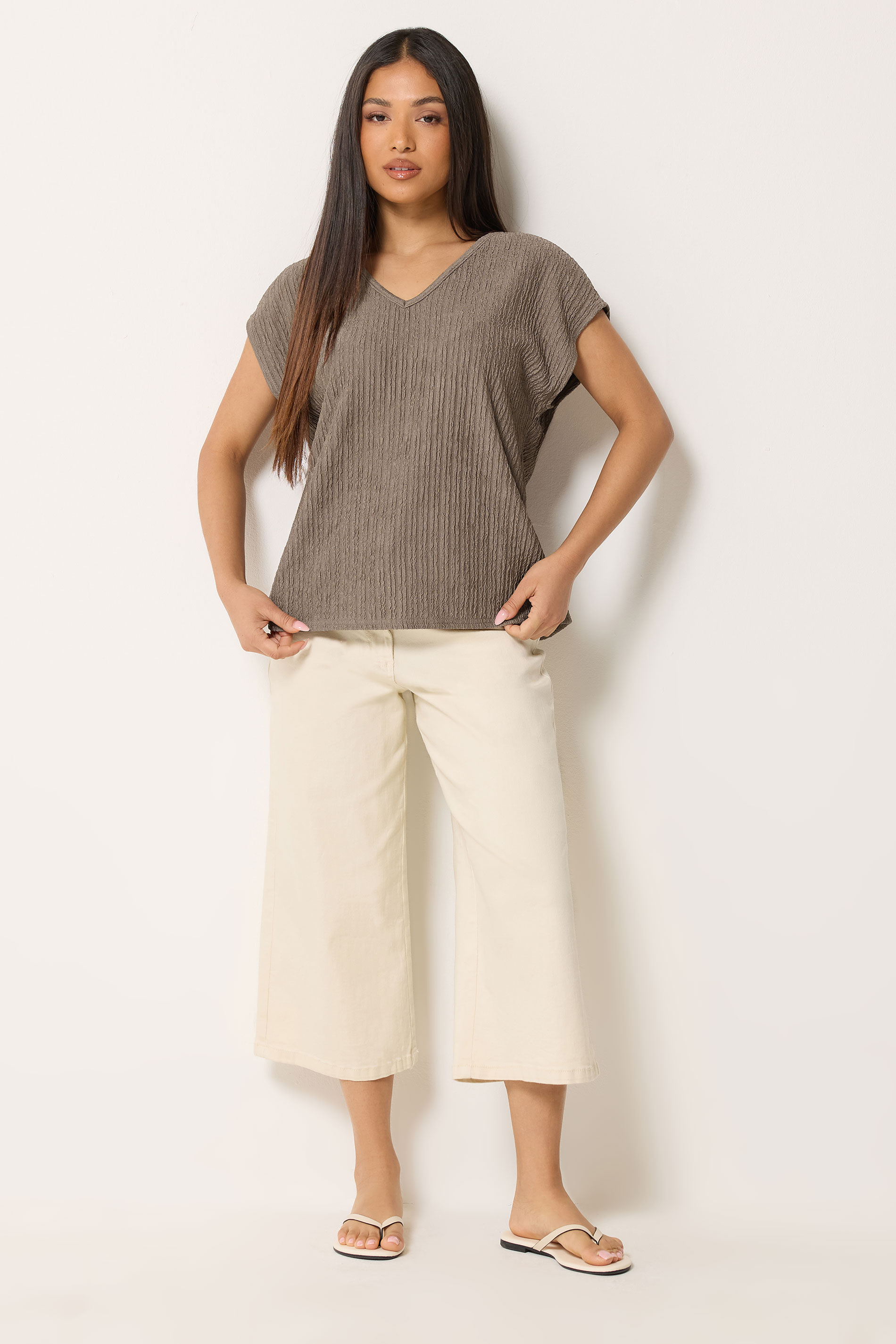 M&Co Petite Mocha Brown Crinkle V-Neck T-Shirt | M&Co 1