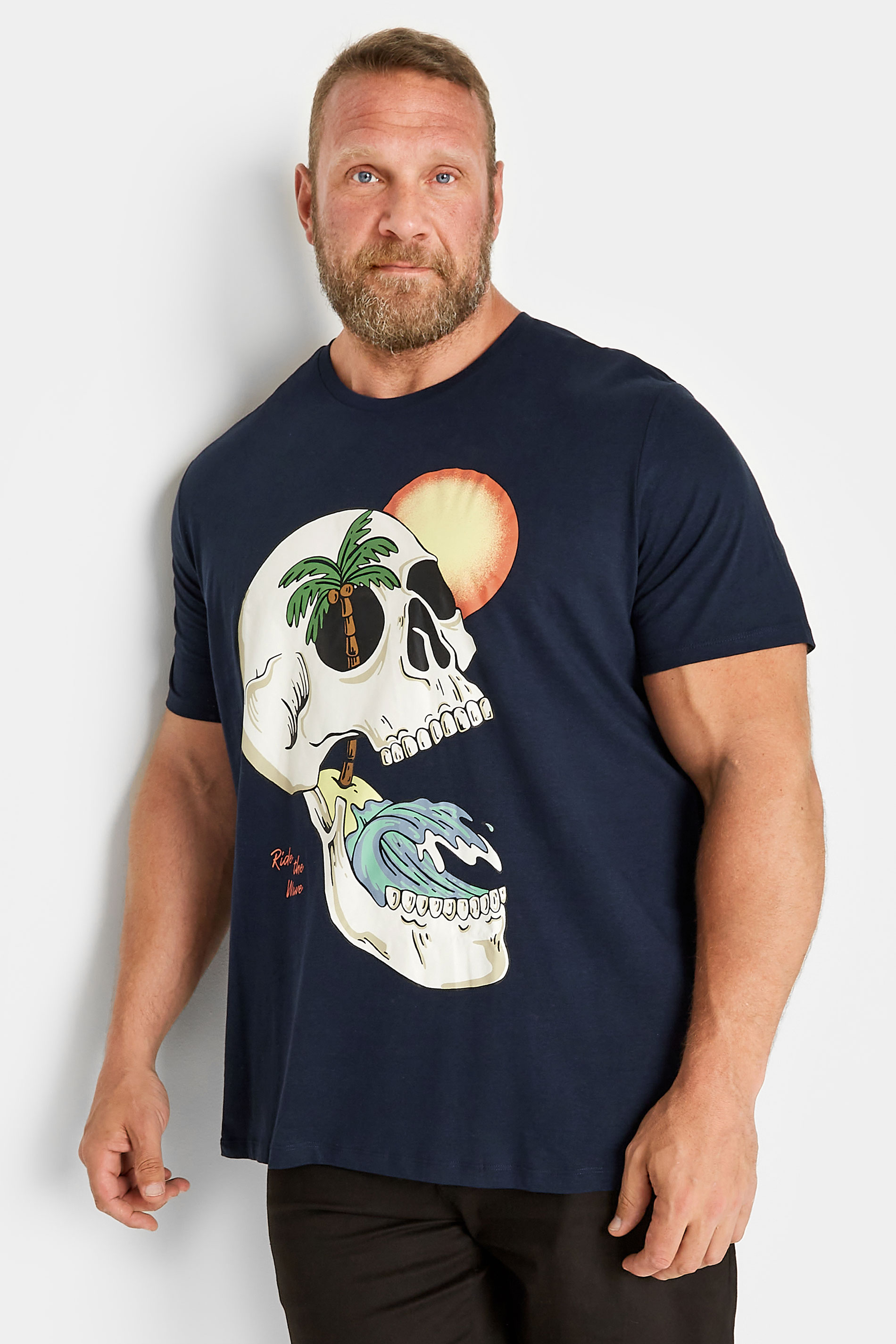 JACK & JONES Big & Tall Plus Size Navy Blue Skull Print 'Ride The Wave' Slogan T-Shirt | BadRhino  1