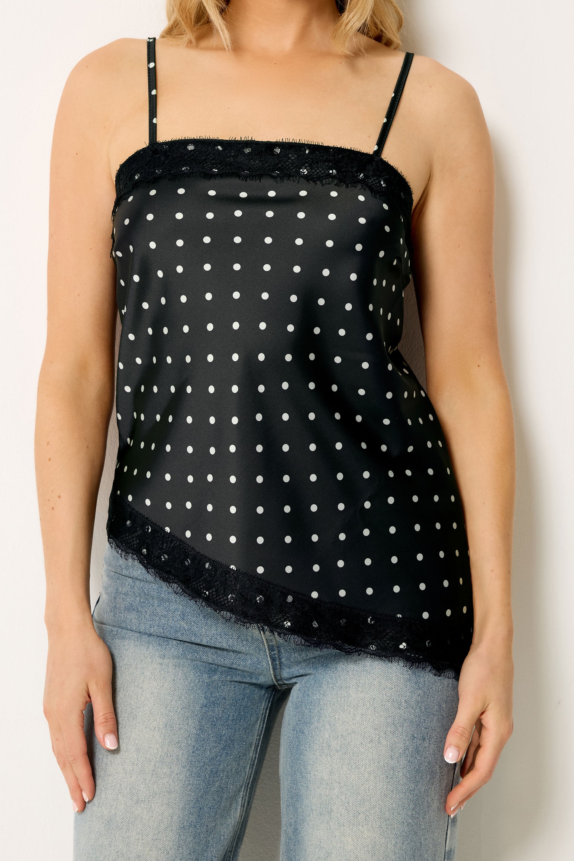 LTS Tall Women's Black Polka Dot Asymmetric Lace Cami Top | Long Tall Sally 5