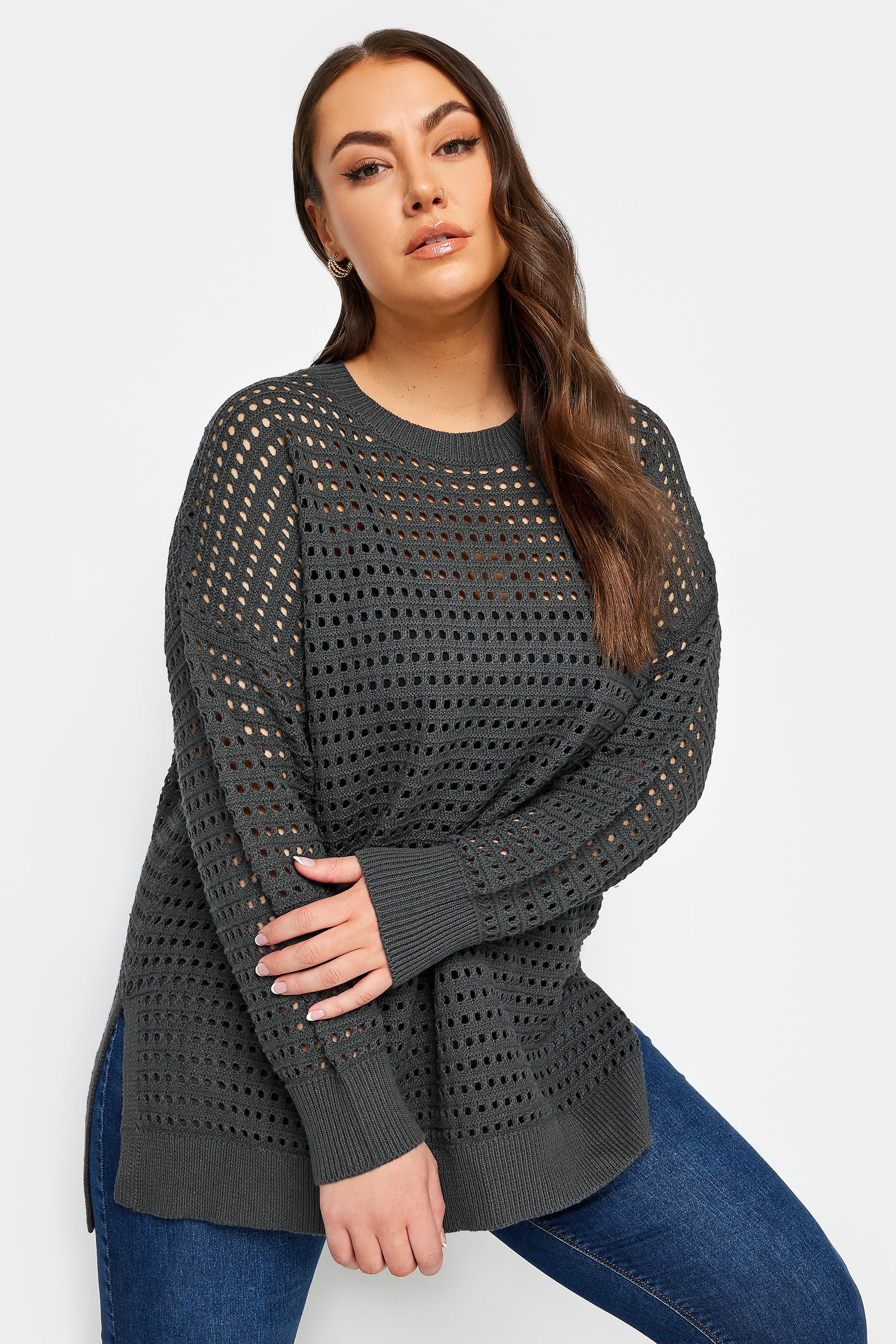 YOURS Plus Size Slate Grey Side Split Crochet Jumper | Yours Clothing 1